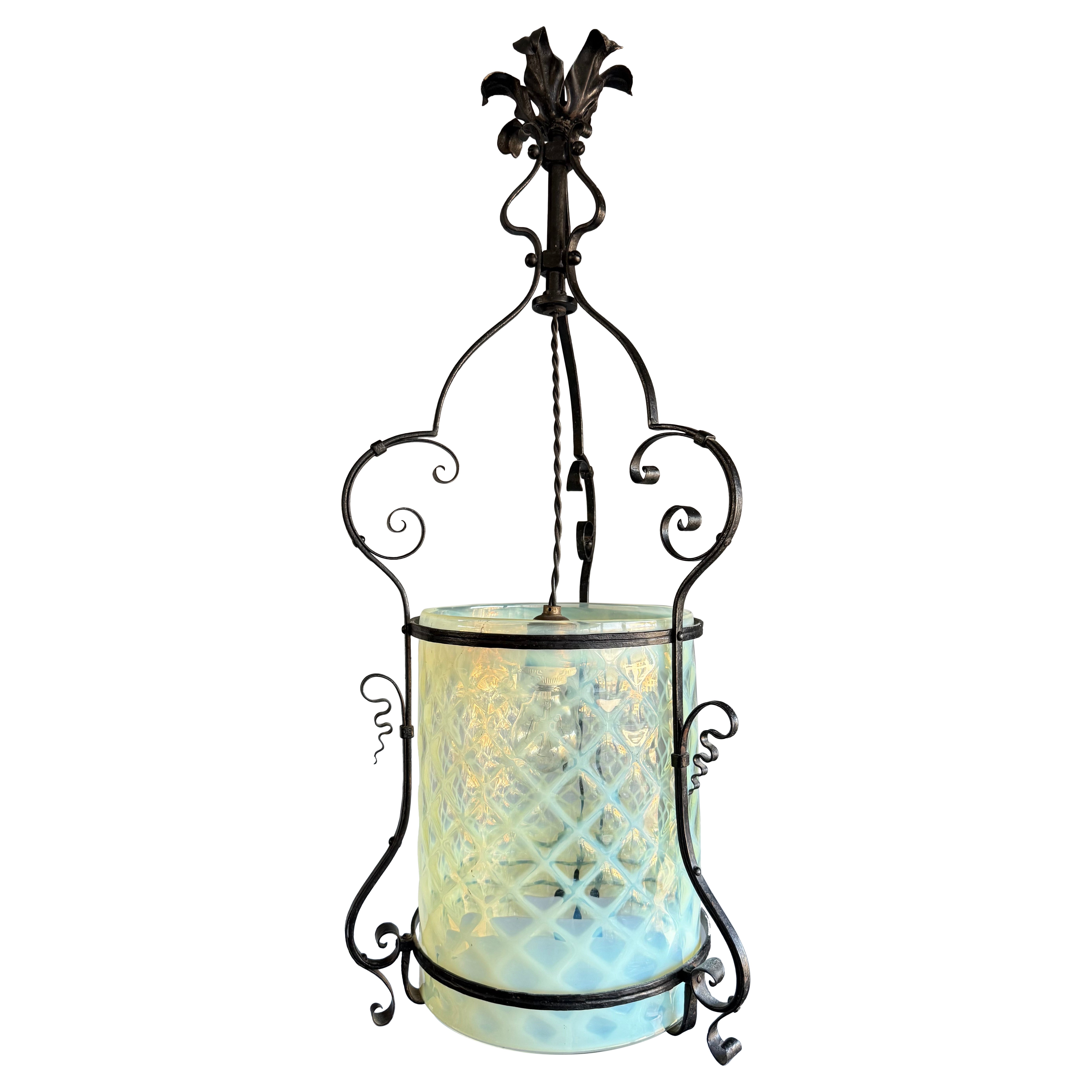 Fine Arts & Crafts Wrought Iron & Opalescent Glass Entry Hallway Lantern Pendant