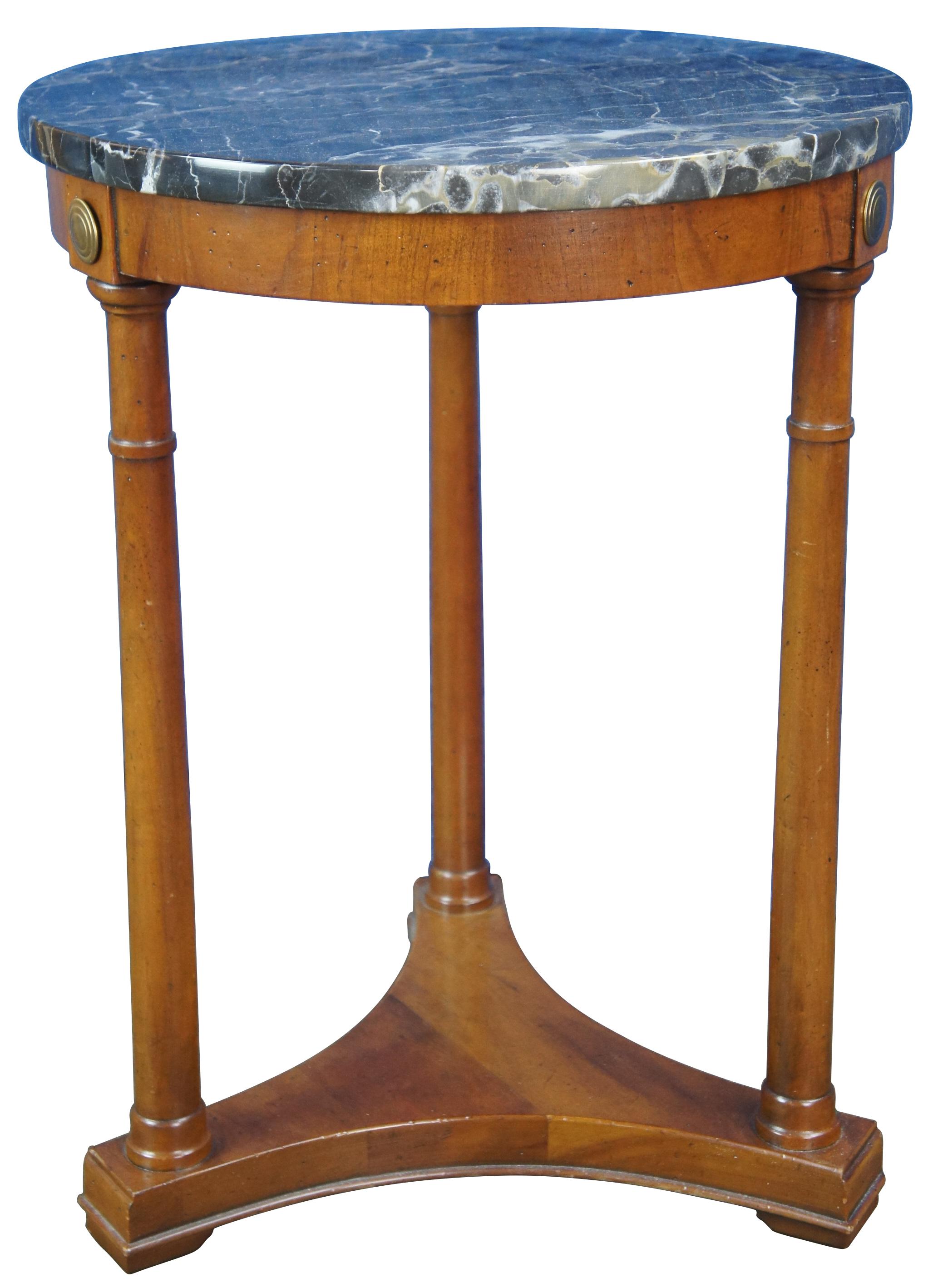 Mid Century Fine Arts Furniture Company Gueridon side table or plant stand. Made of cherry featuring round form with Italian marble top, three turned columns and triangular base. Marked Italy on base of marble and Fine Arts Furniture Co,