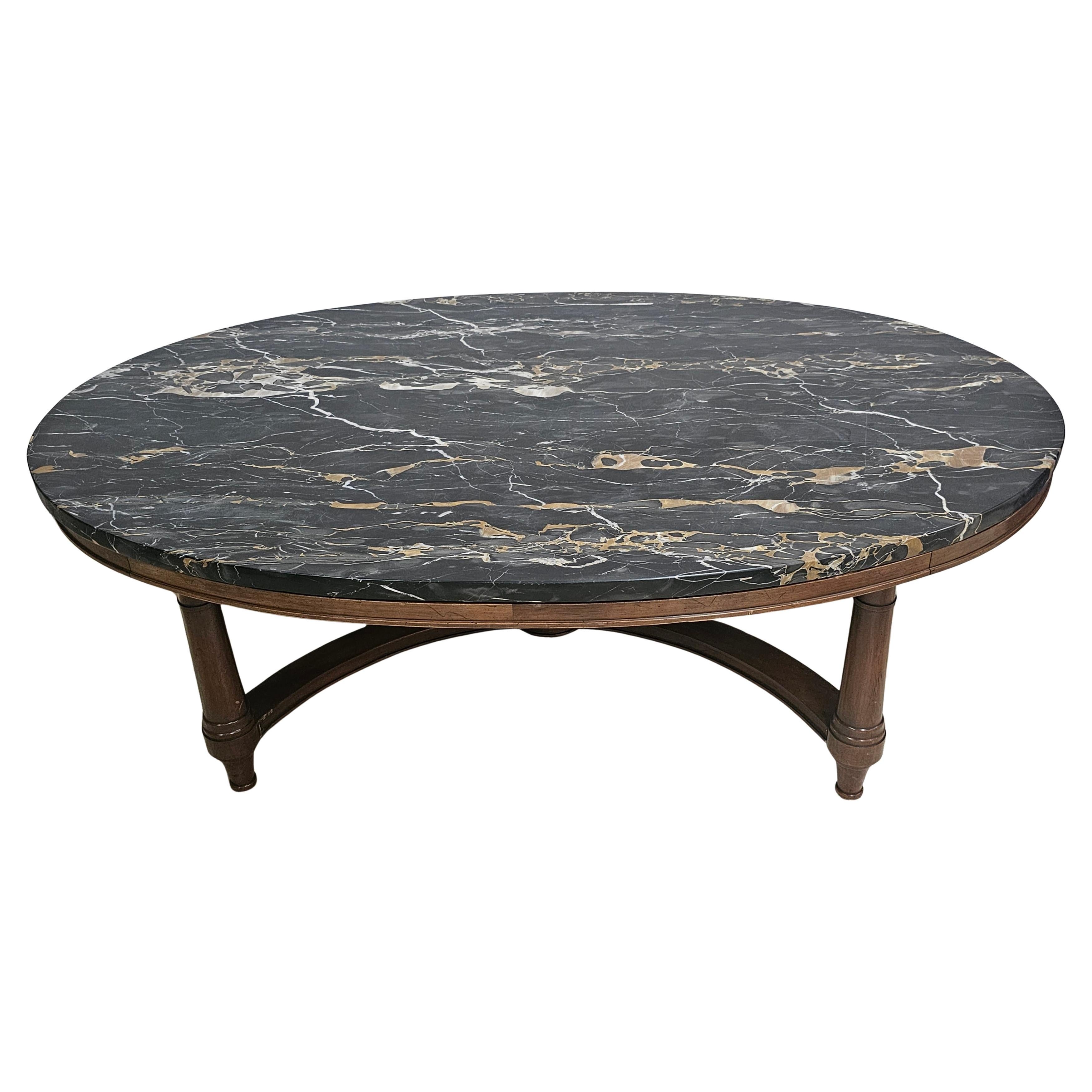 Fine Arts Furniture Mid-Century Walnut and Nebel Marble Top Oval Coffee Cocktail Table. 
Measures 47.25