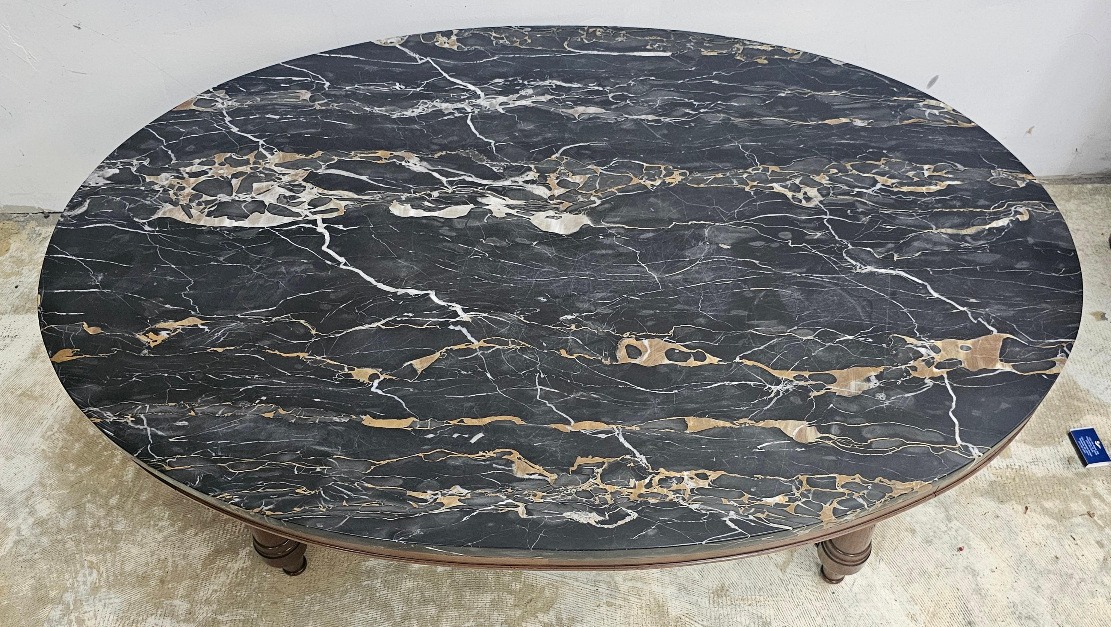 American Fine Arts Furniture Mid-Century Walnut and Nebel Marble Top Oval Coffee Table For Sale