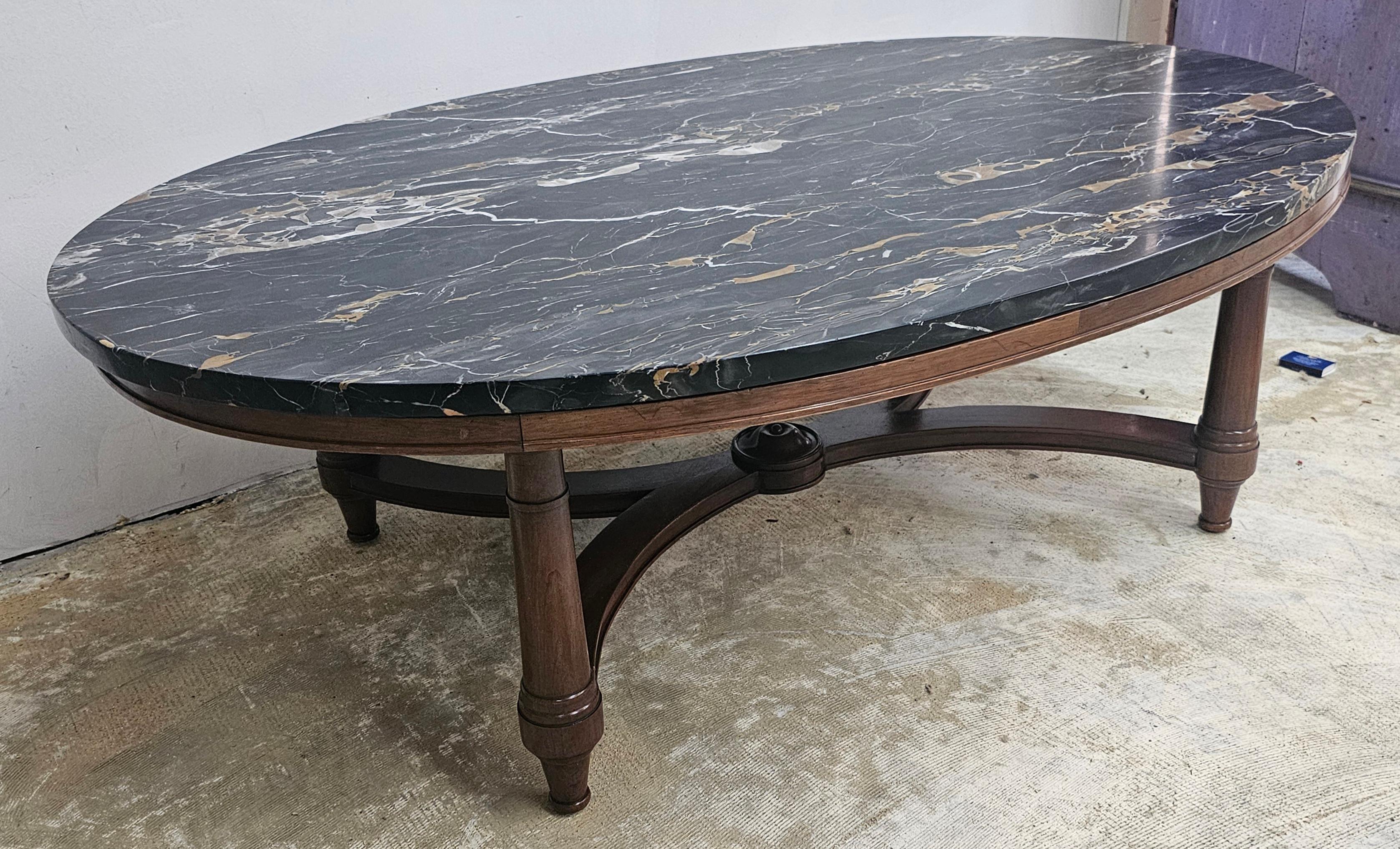 Other Fine Arts Furniture Mid-Century Walnut and Nebel Marble Top Oval Coffee Table For Sale