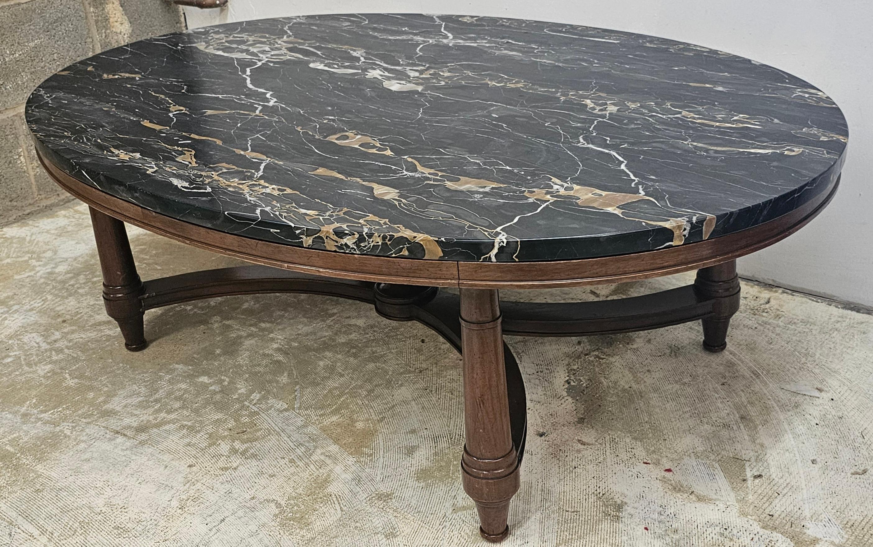 Fine Arts Furniture Mid-Century Walnut and Nebel Marble Top Oval Coffee Table In Good Condition For Sale In Germantown, MD