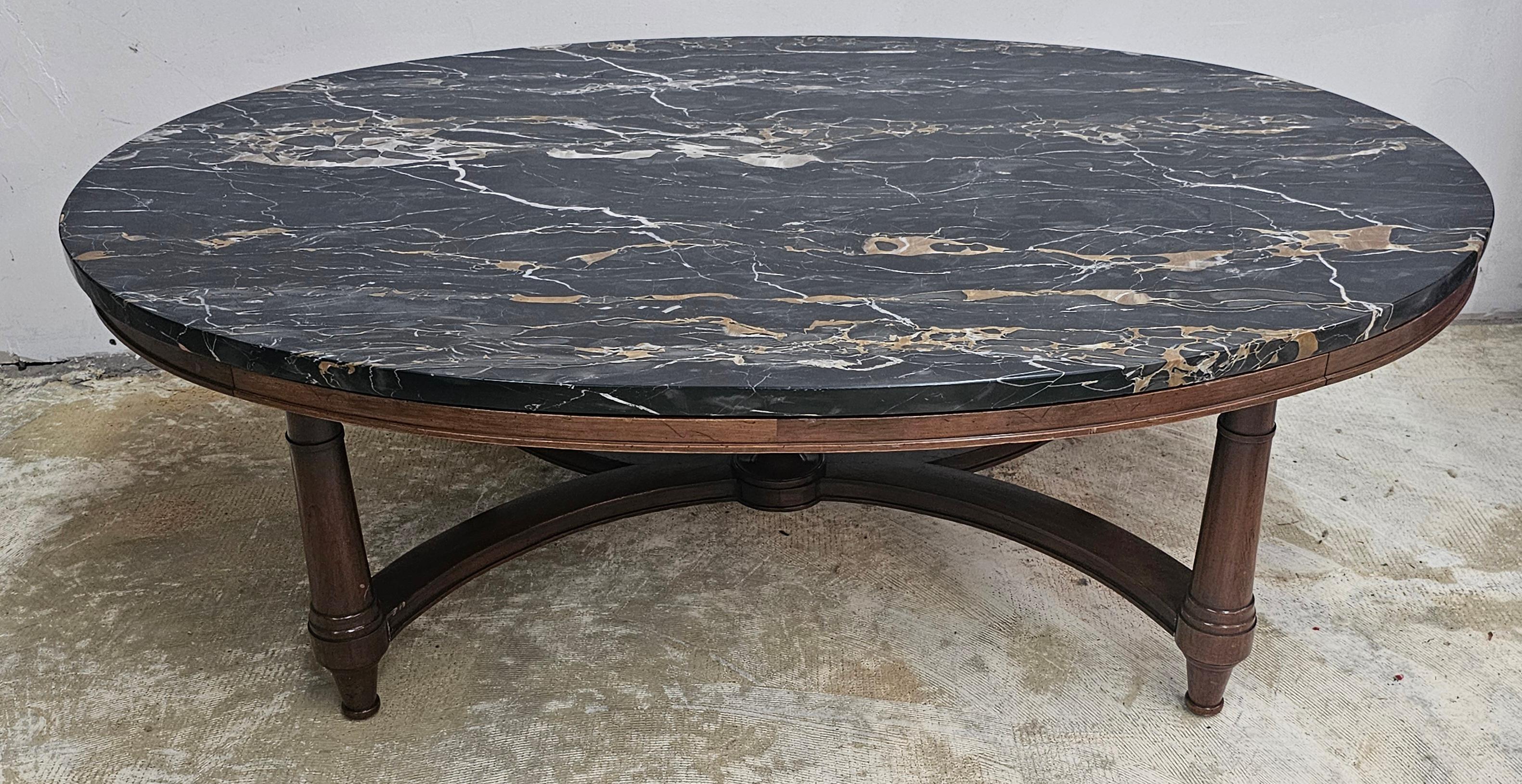 20th Century Fine Arts Furniture Mid-Century Walnut and Nebel Marble Top Oval Coffee Table For Sale