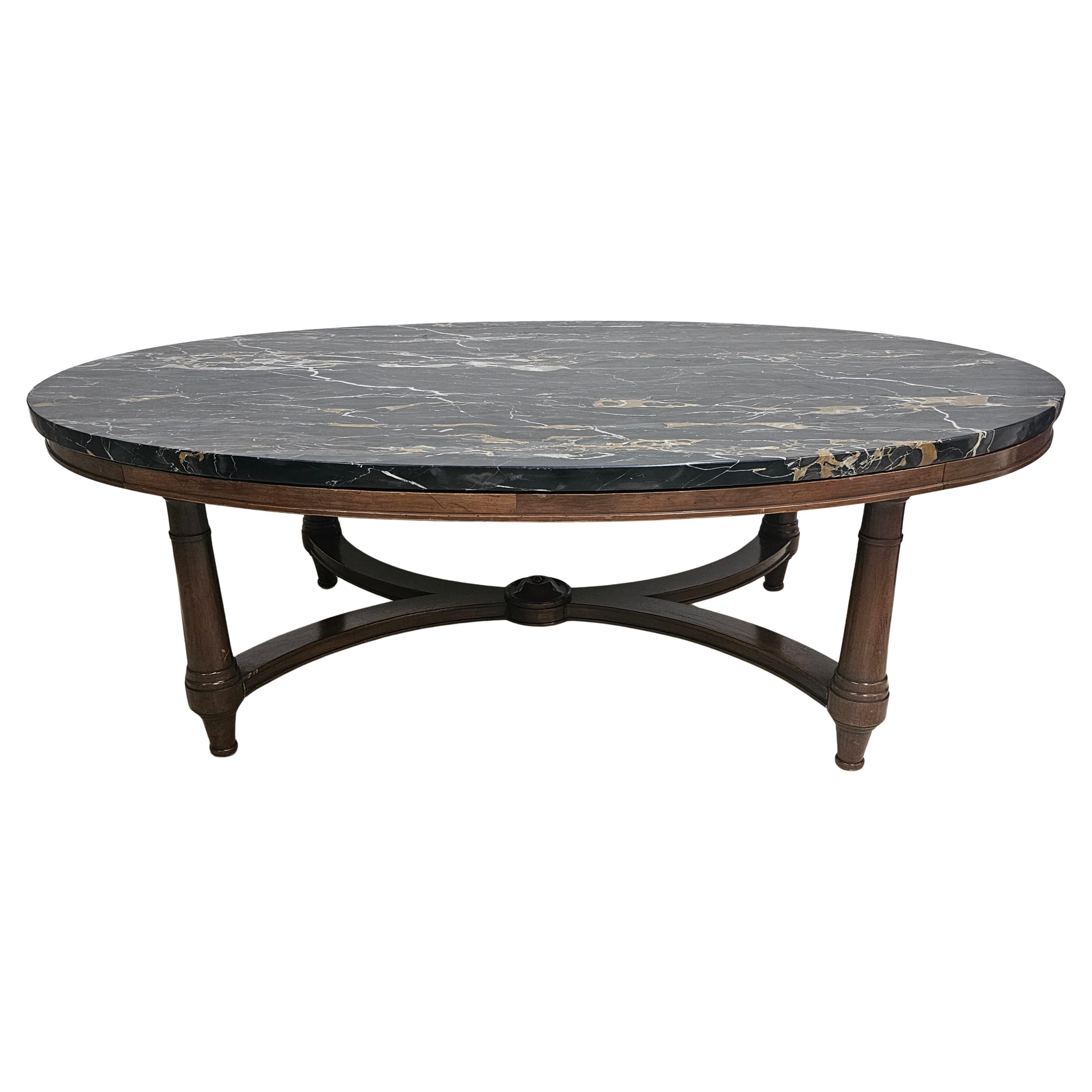 Fine Arts Furniture Mid-Century Walnut and Nebel Marble Top Oval Coffee Table For Sale