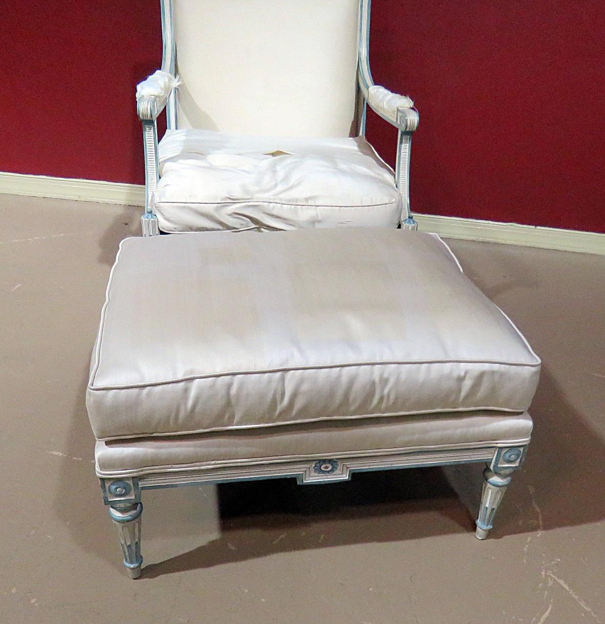 American Gustavian or Swedish Louis XVI Style Open Arm Chair and Ottoman