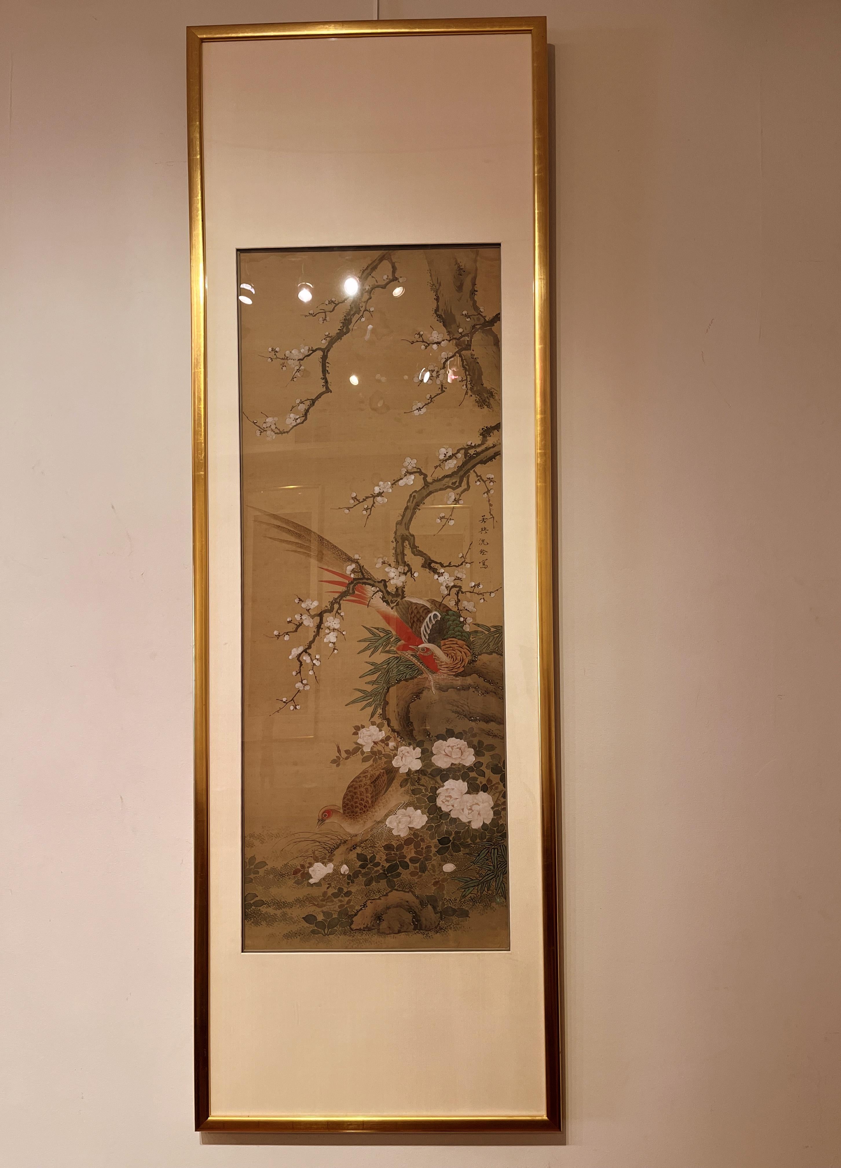 Fined Chinese brush painting of a pheasant and a quail under a plum tree, ink and color on silk, 19th century, Conservation framed
Painting was a scroll  acquired from Sotheby's website in late 1990s
Then framed in Conservation Framed.
Overall size