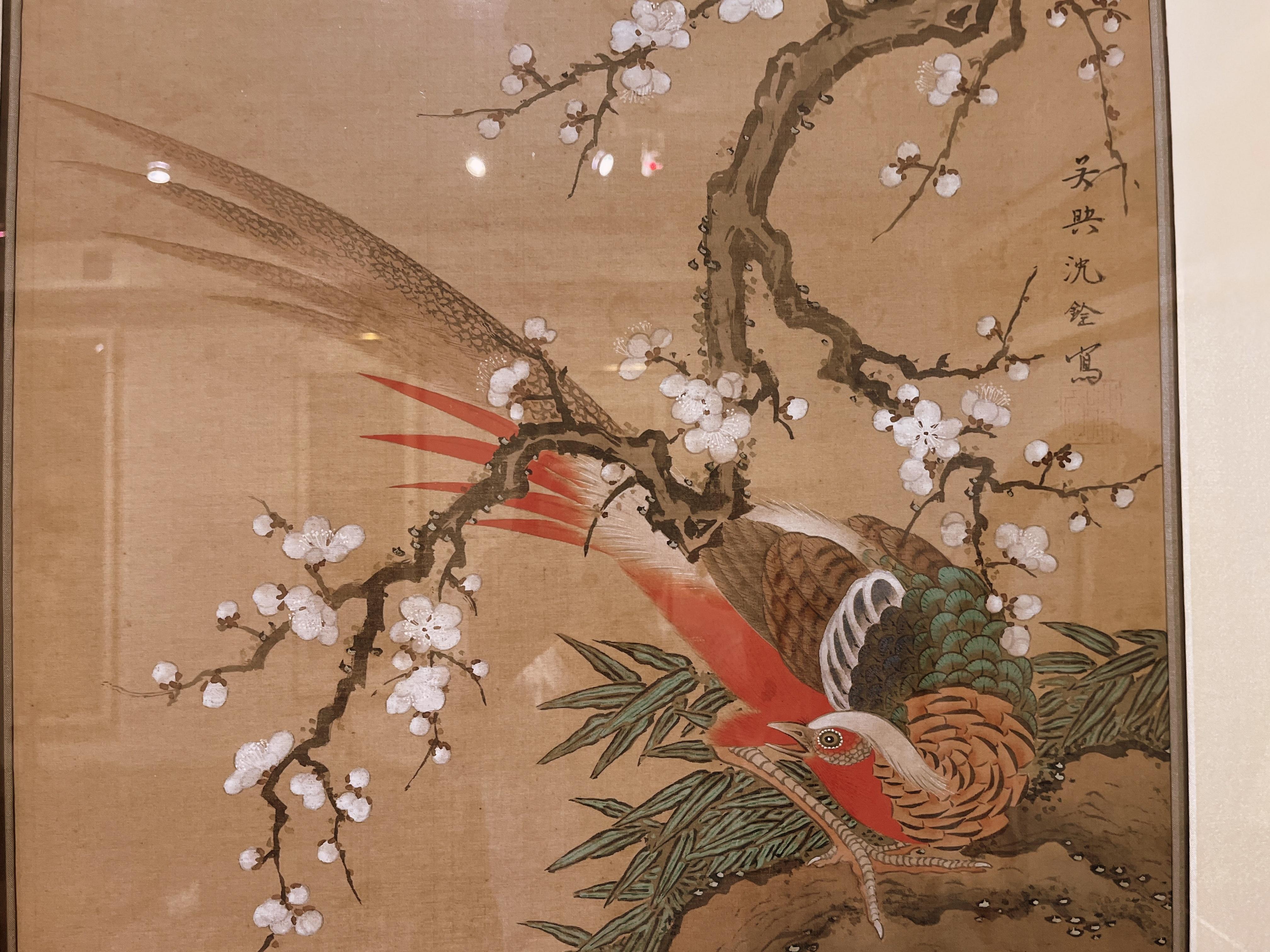 Painted Fine Asian Brush Painting of Pheasant and Quail For Sale