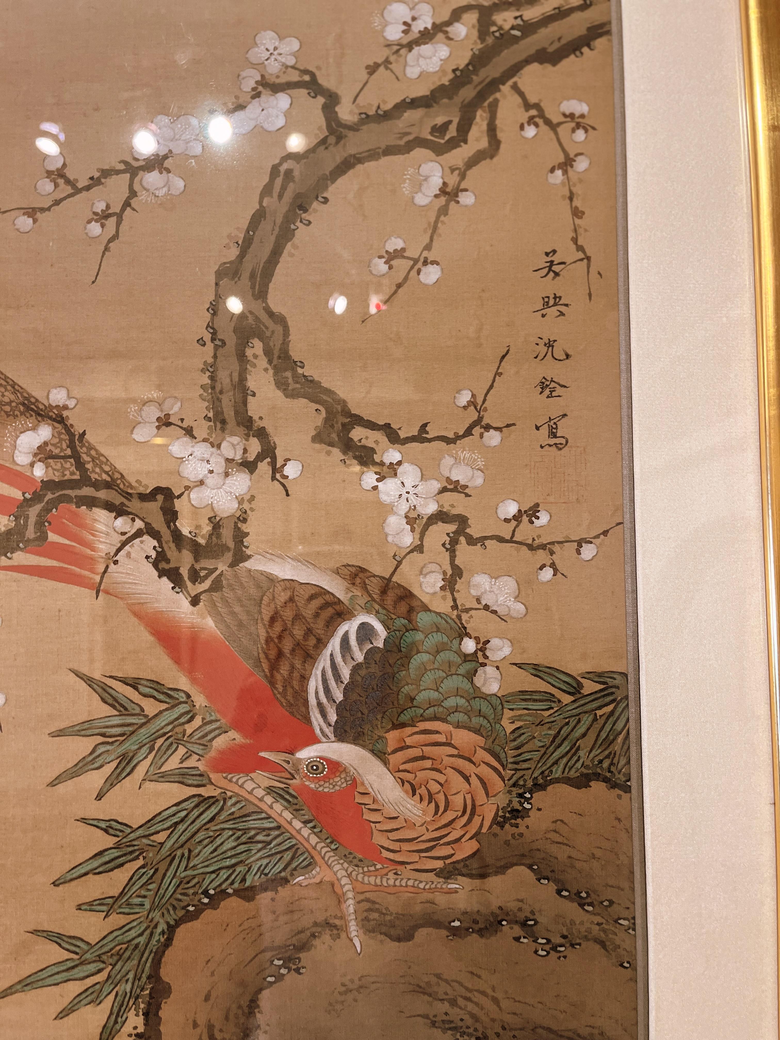 19th Century Fine Asian Brush Painting of Pheasant and Quail For Sale