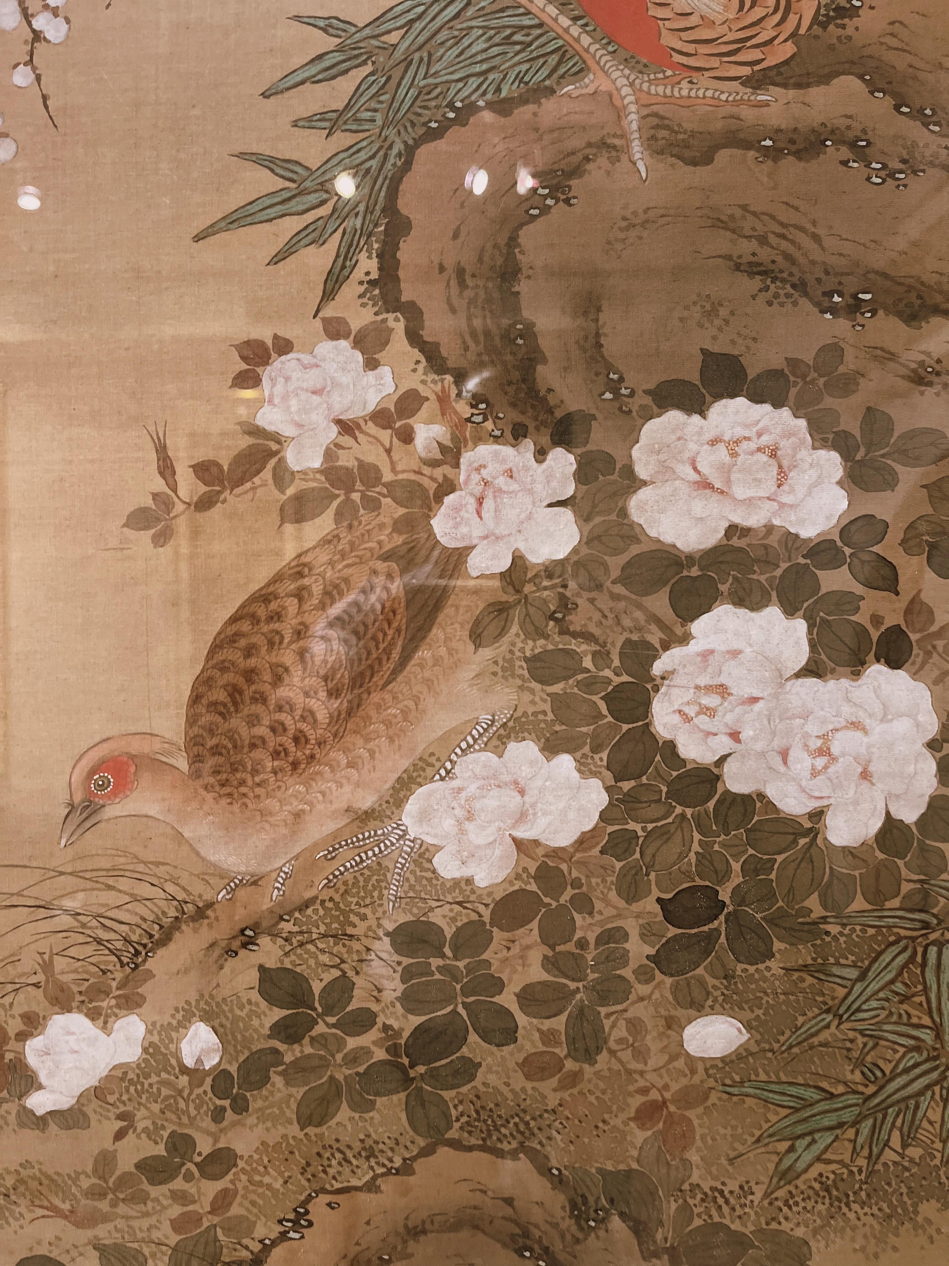 Silk Fine Asian Brush Painting of Pheasant and Quail For Sale