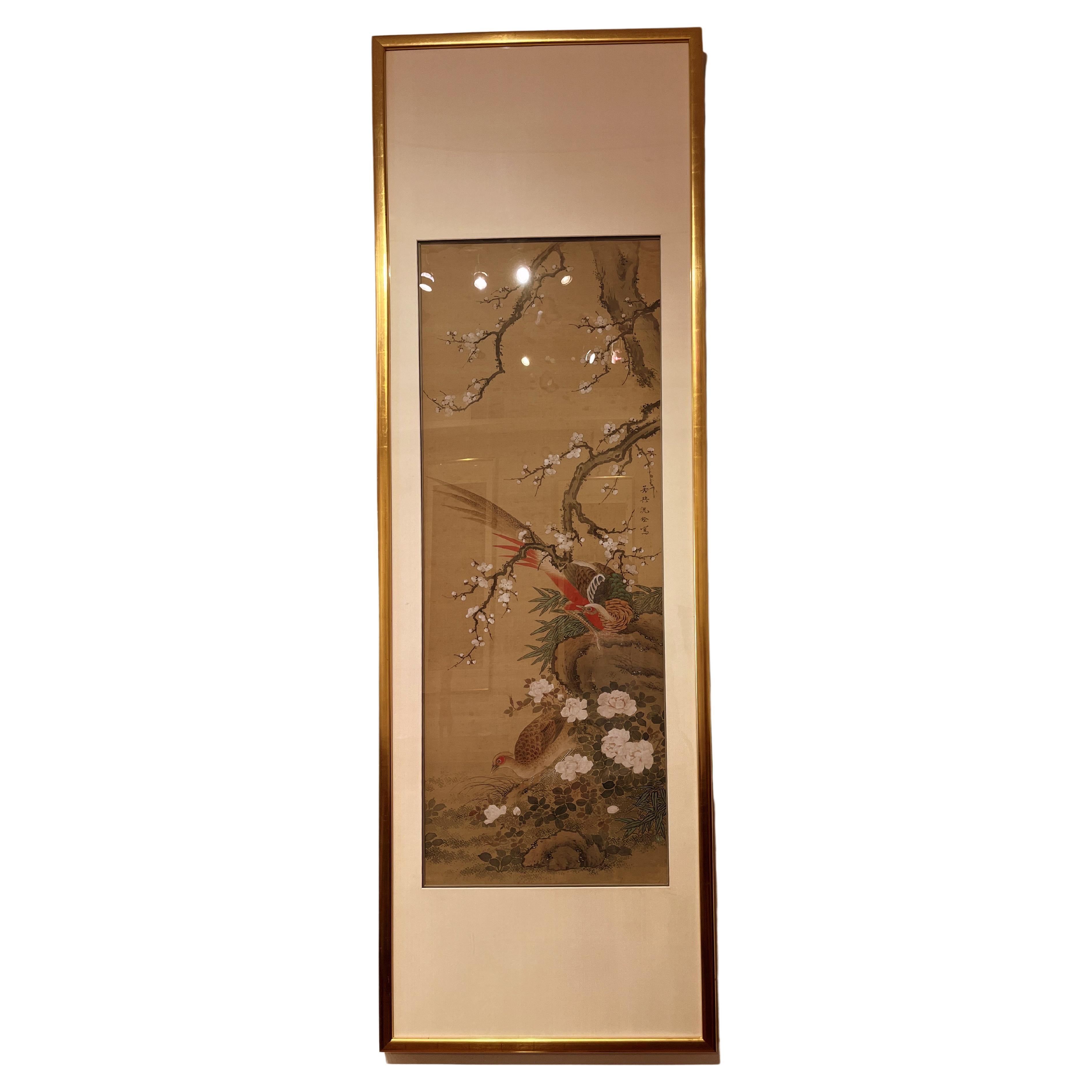 Fine Asian Brush Painting of Pheasant and Quail For Sale