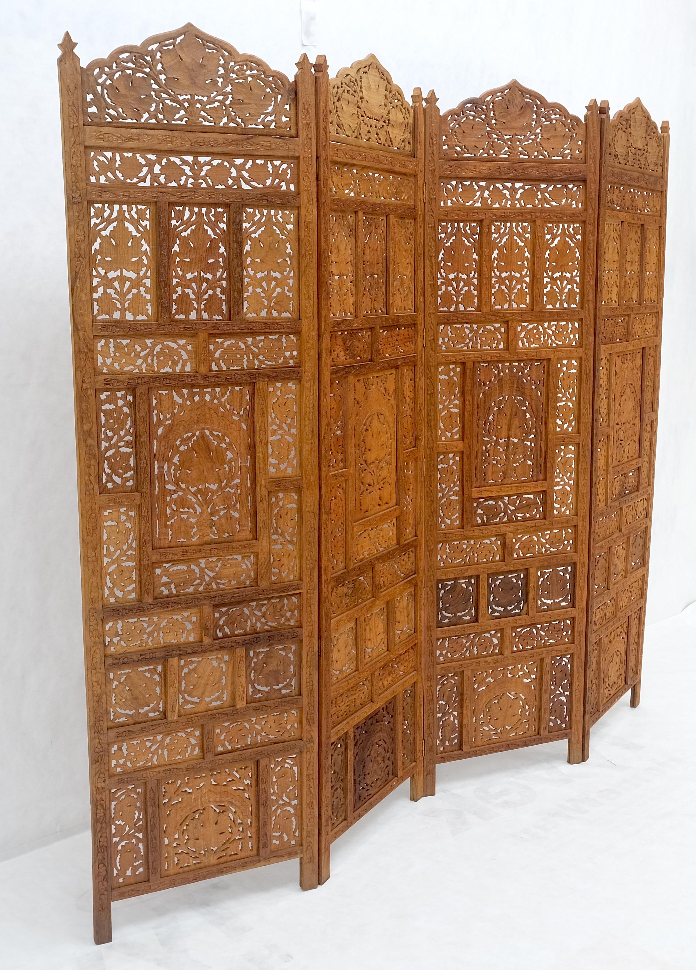 20th Century Fine Asian Carved Teak 4 Panels Screen Room Divider Mint! For Sale