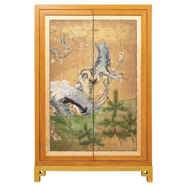 Fine Asian Custom Bamboo Cabinet With Paint Decorated Doors