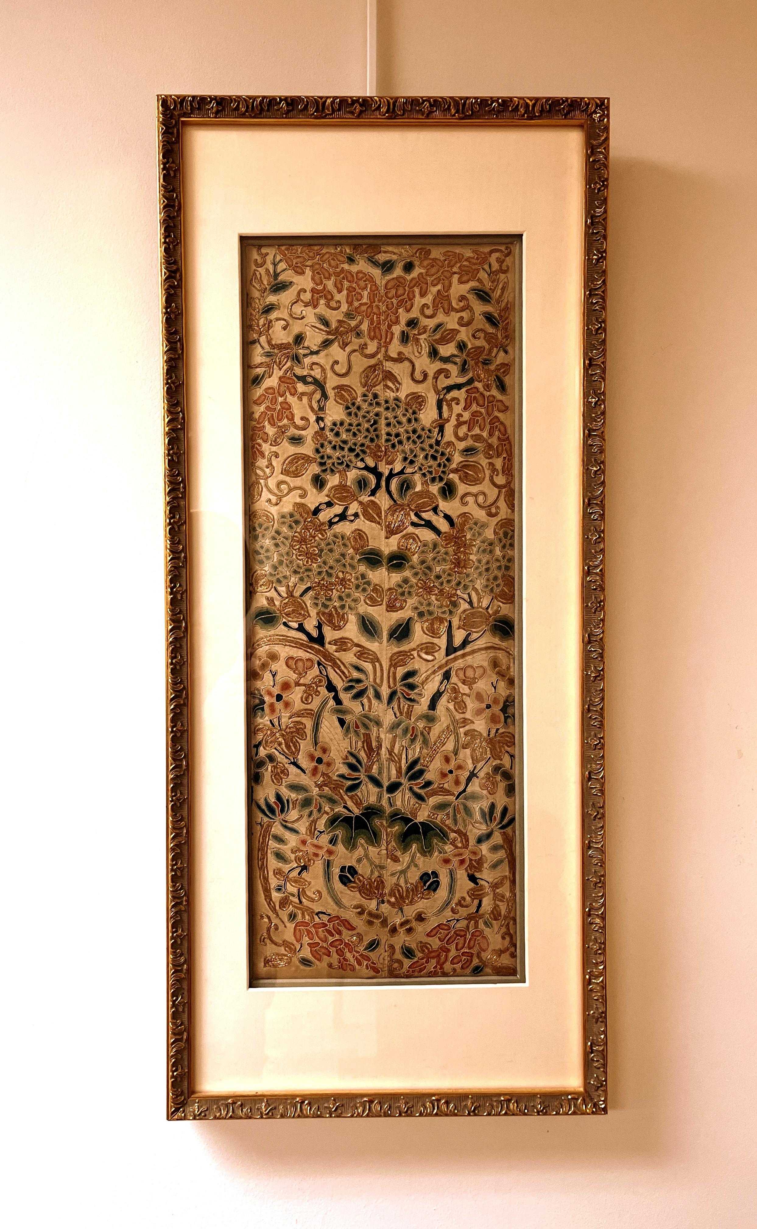 Fined silk hand embroidery with floral motif in seed stitch, couching stitch with gold leaf thread, 19th century
Conservation framed
Overall size:  26.5