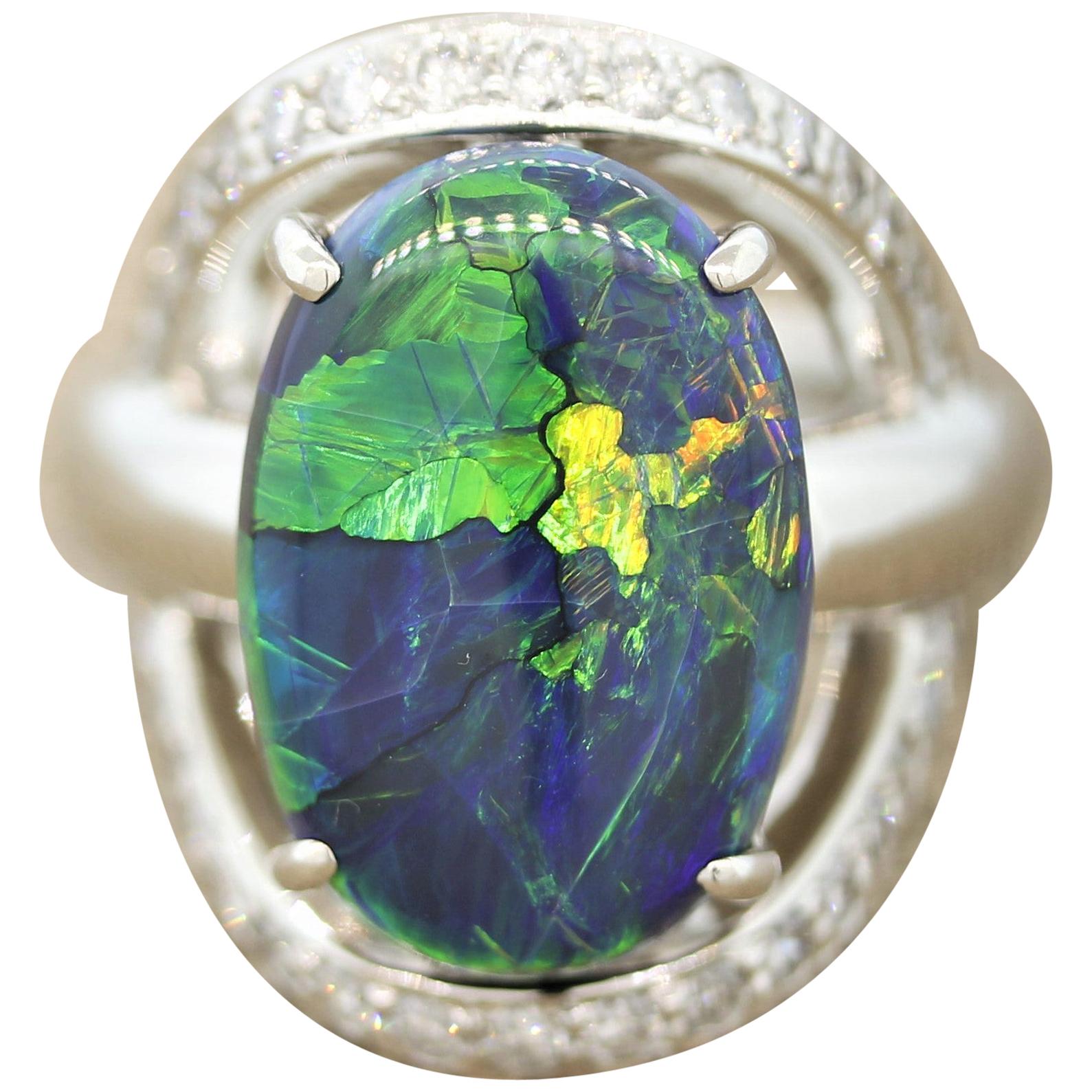Arts and Crafts Australian Black Opal Gold Cocktail Ring Fine Estate