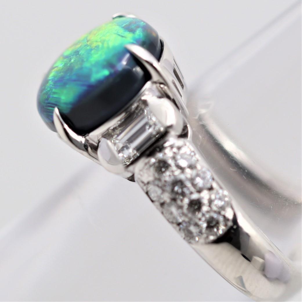 Women's Fine Australian Black Opal Diamond Platinum Ring For Sale
