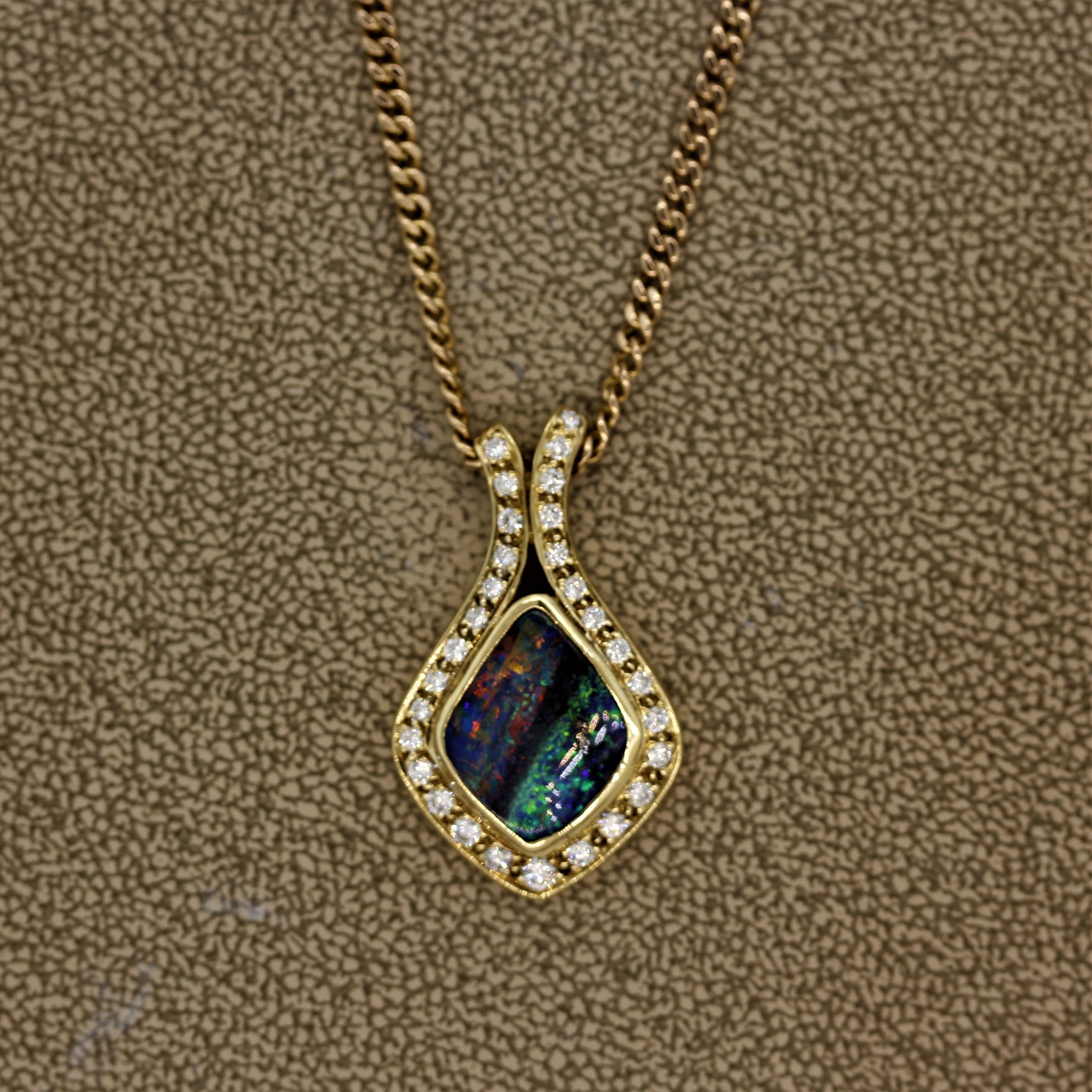 Mixed Cut Fine Australian Boulder Opal Diamond Gold Pendant