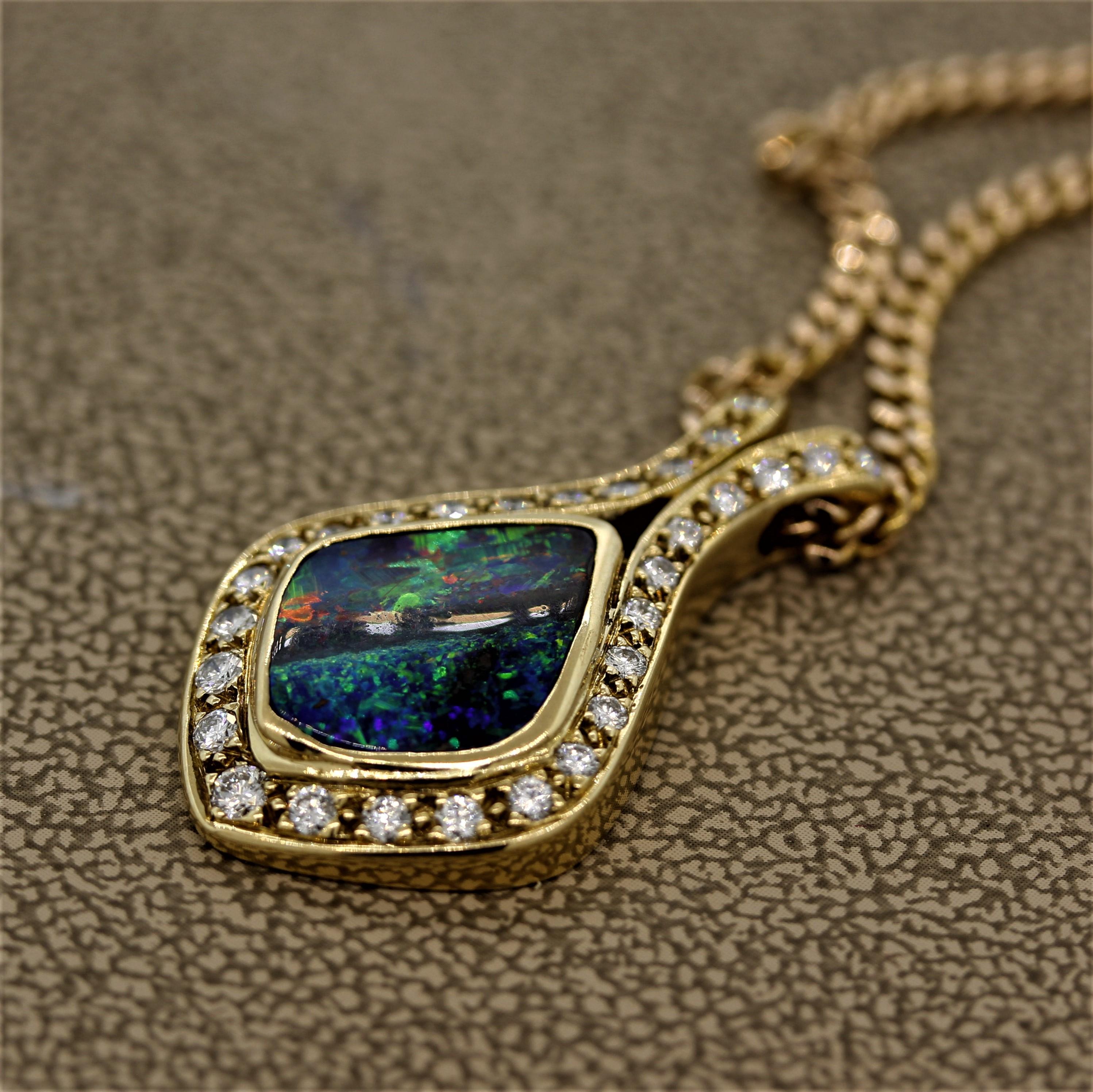 Fine Australian Boulder Opal Diamond Gold Pendant In New Condition In Beverly Hills, CA