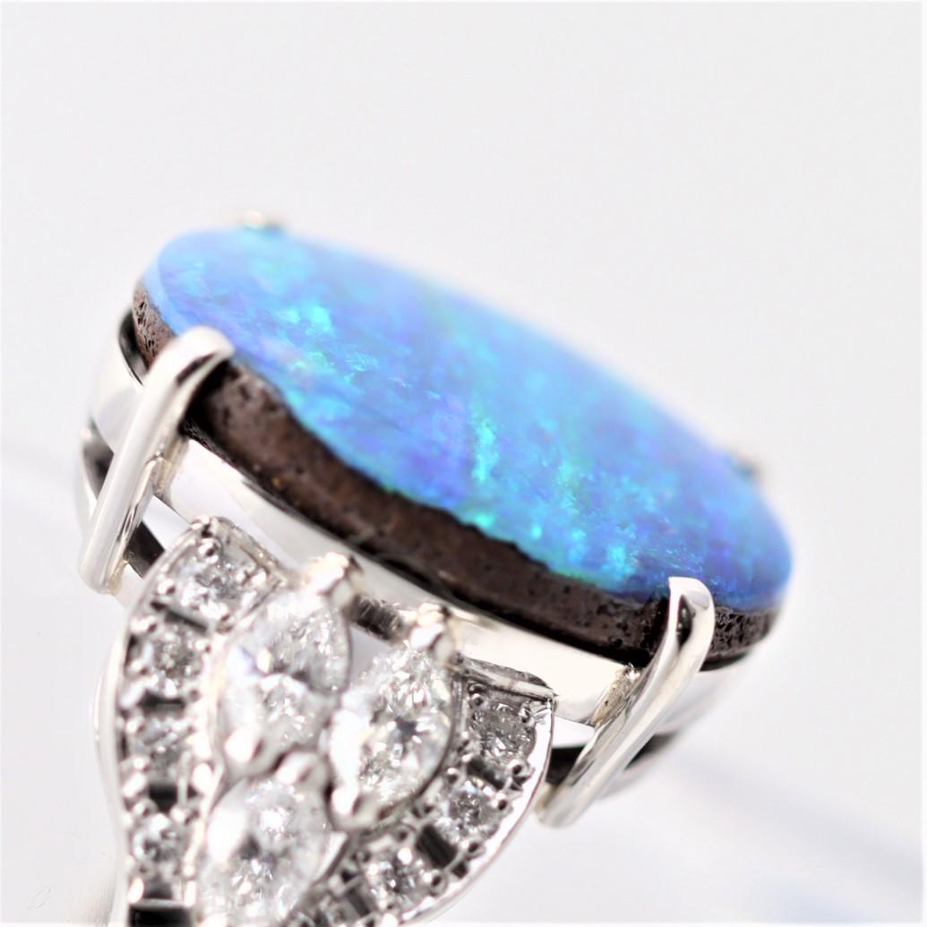 Mixed Cut Fine Australian Boulder Opal Diamond Platinum Ring For Sale