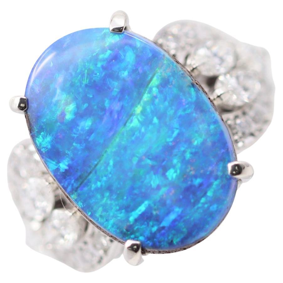 Fine Australian Boulder Opal Diamond Platinum Ring For Sale