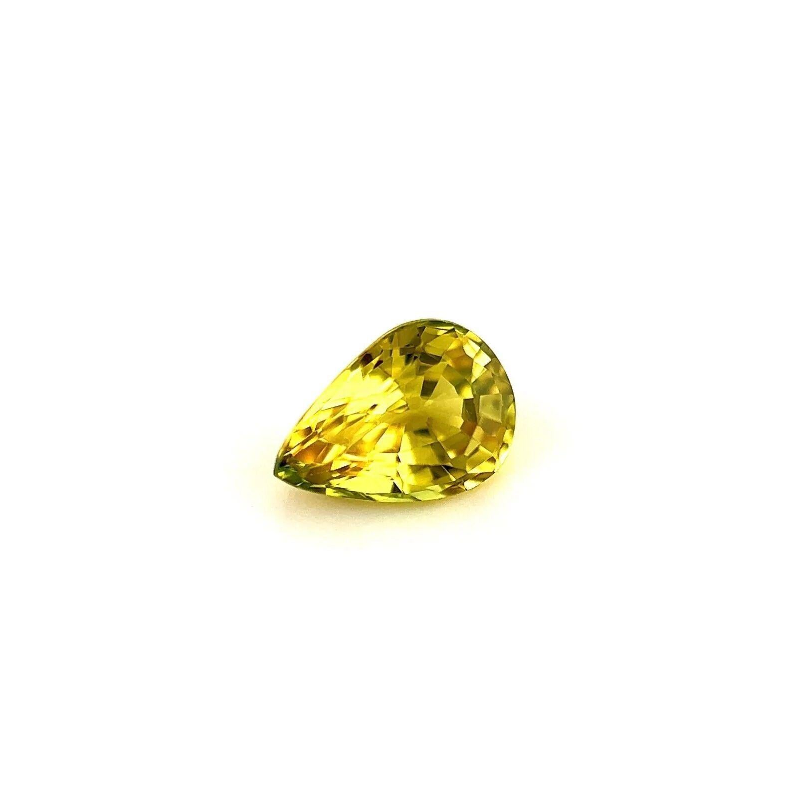 Fine Australian Natural Sapphire Vivid Yellow Pear Cut Gemstone 6.3x4.5mm VS

Natural Vivid Yellow Sapphire Gemstone.
0.67 Carat with a beautiful vivid yellow colour and an excellent pear teardrop cut.
Also has good clarity, some small natural