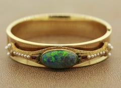 Fine Australian Opal Diamond Ruby Emerald Seed Pearl Gold Bangle Bracelet