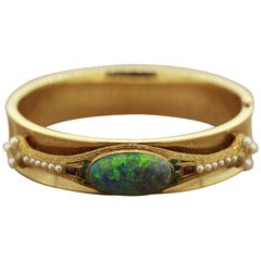 Fine Australian Opal Diamond Ruby Emerald Seed Pearl Gold Bangle Bracelet