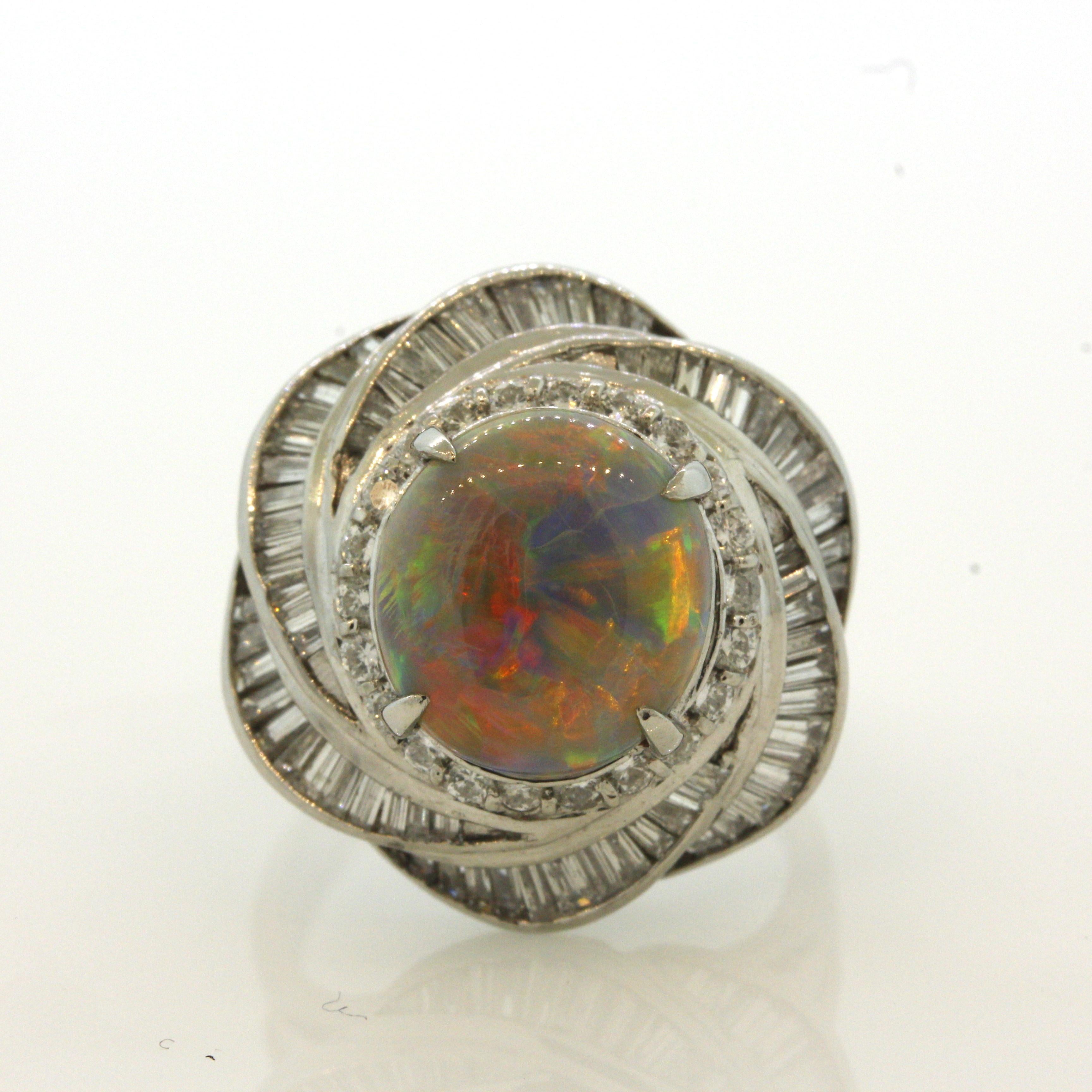 Oval Cut Fine Australian Opal Diamond Spiral Platinum Ring For Sale