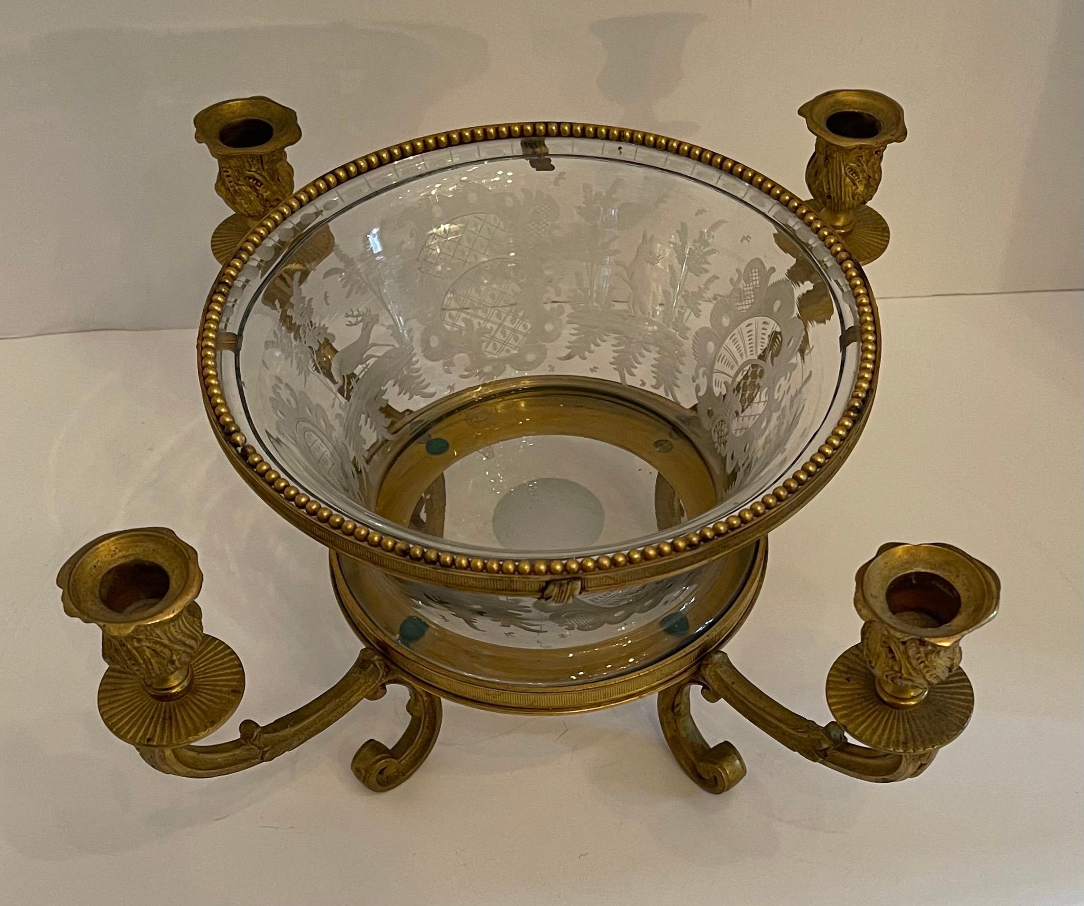 A fine French ormolu mounted etched cut crystal & chased doré bronze candelabra centerpiece bowl in the manner of Baccarat.