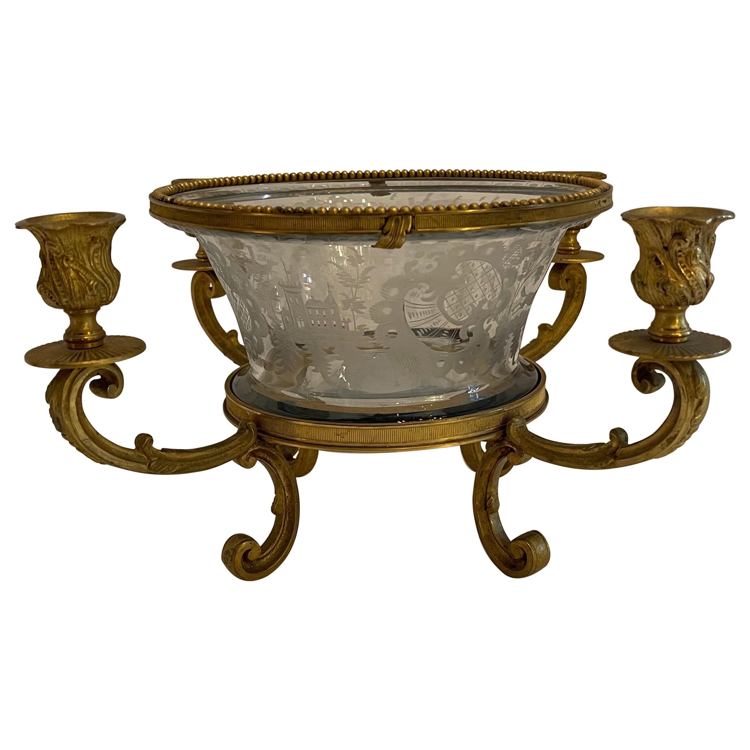 Fine Baccarat Ormolu Cut Crystal Chased Dore Bronze Candelabra Centerpiece Bowl