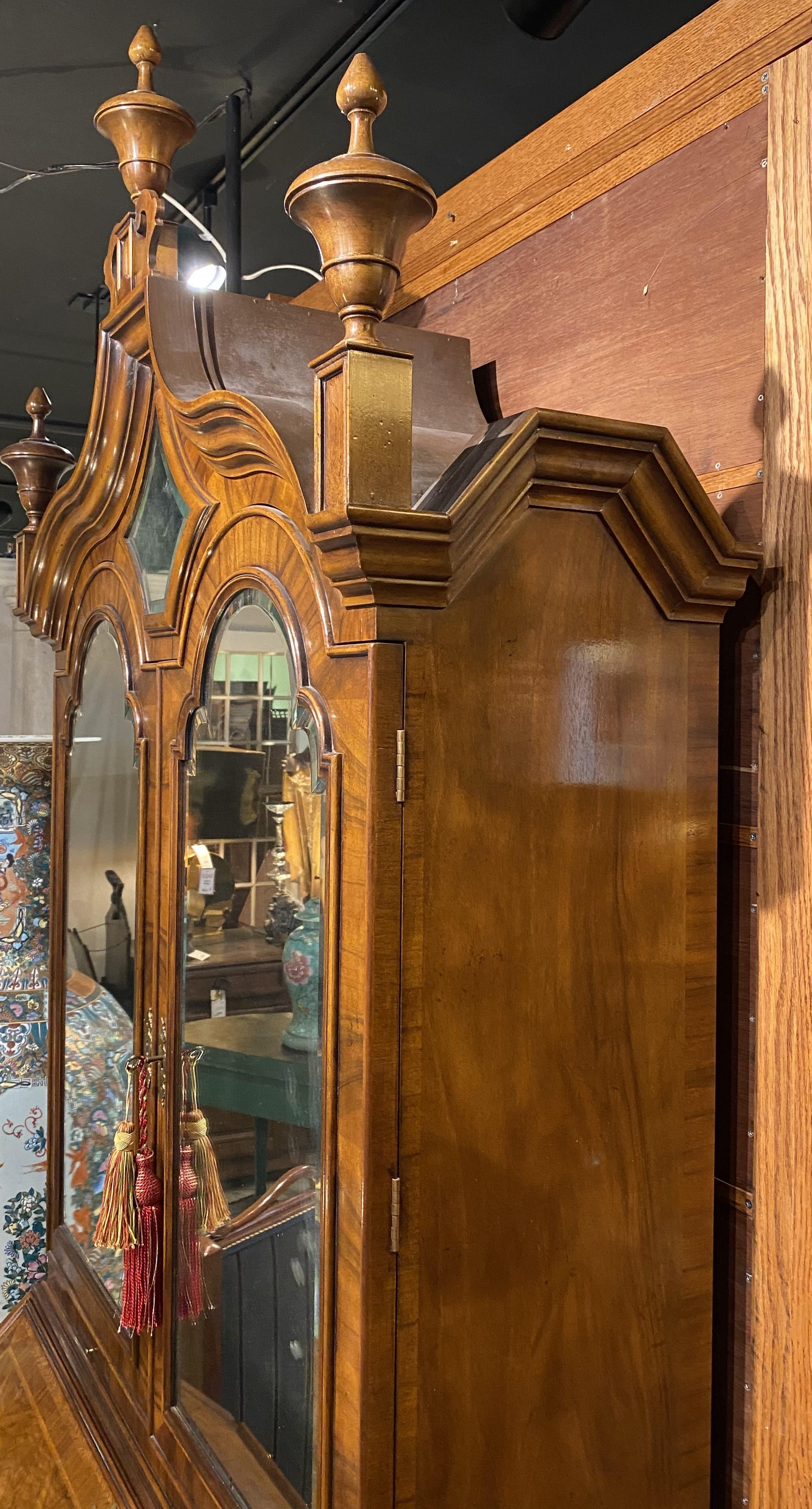Georgian Fine Baker Furniture Inlaid Secretary in Burled Walnut with Mirror Paneled Doors