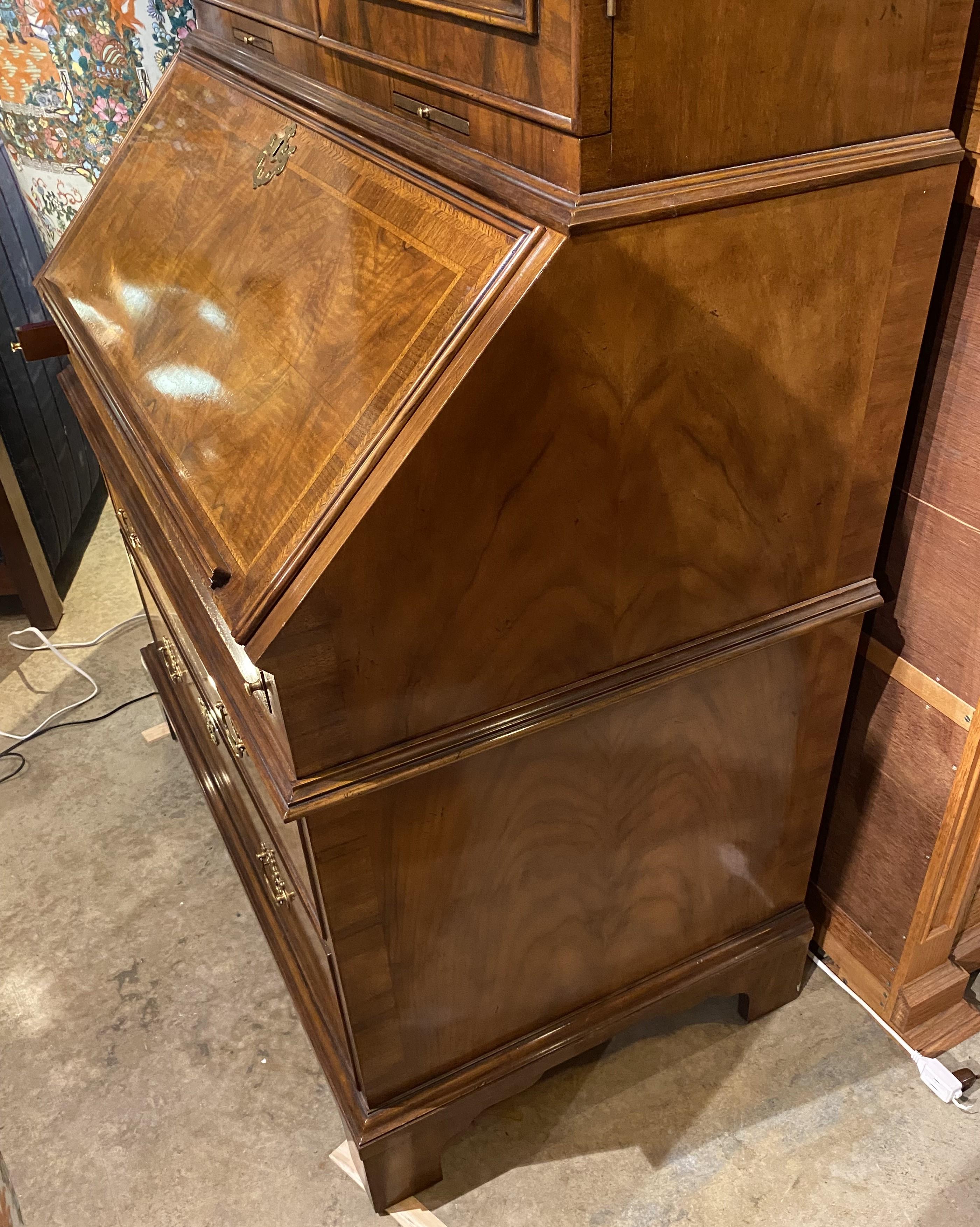 American Fine Baker Furniture Inlaid Secretary in Burled Walnut with Mirror Paneled Doors