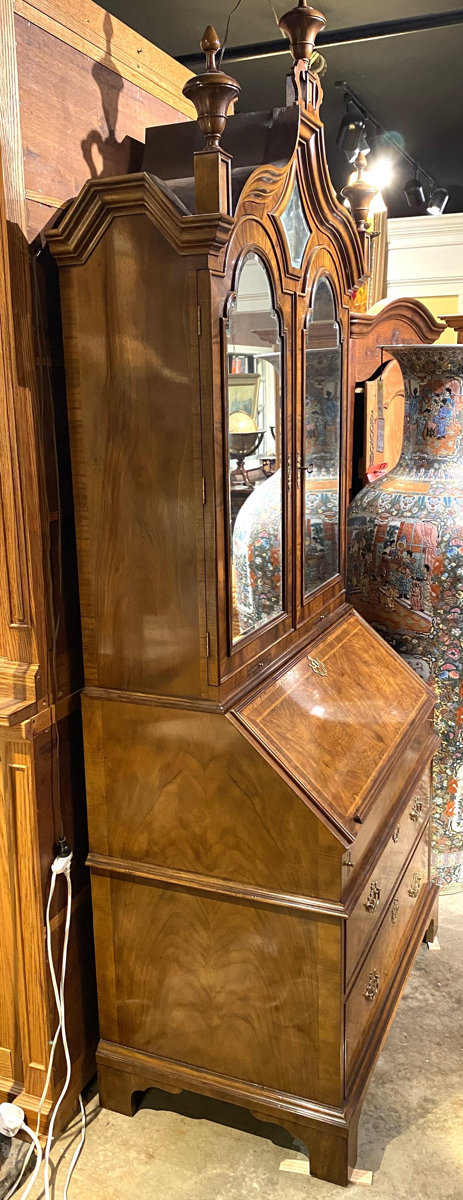Beveled Fine Baker Furniture Inlaid Secretary in Burled Walnut with Mirror Paneled Doors