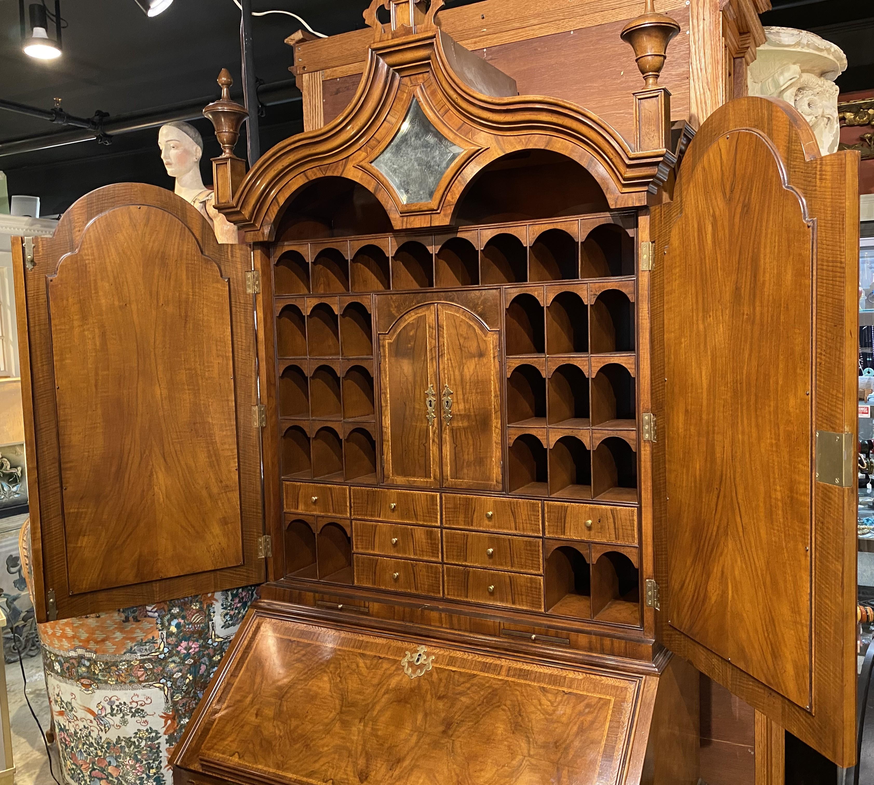 Fine Baker Furniture Inlaid Secretary in Burled Walnut with Mirror Paneled Doors In Good Condition In Milford, NH