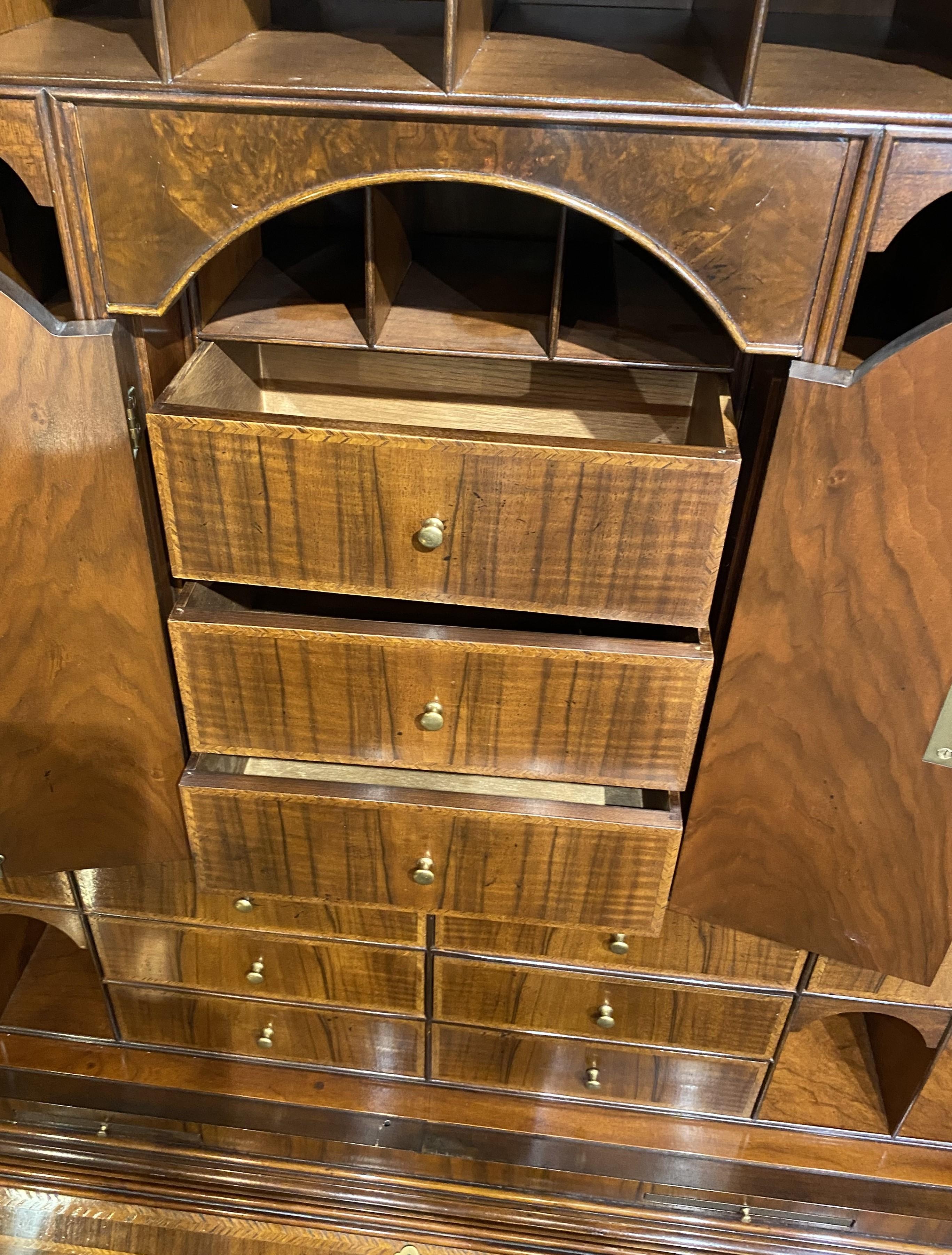 Brass Fine Baker Furniture Inlaid Secretary in Burled Walnut with Mirror Paneled Doors