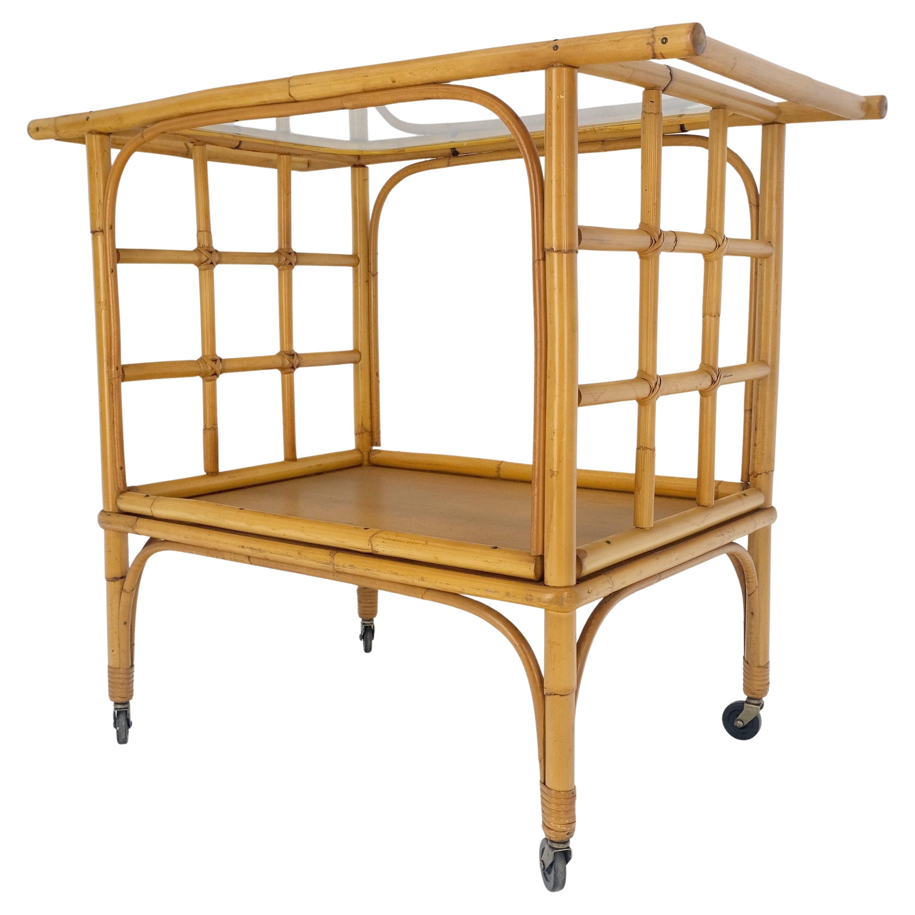Fine Bamboo c1970s 2 Tier glass Top Serving Bar Cart on Wheels Mid Century MINT!