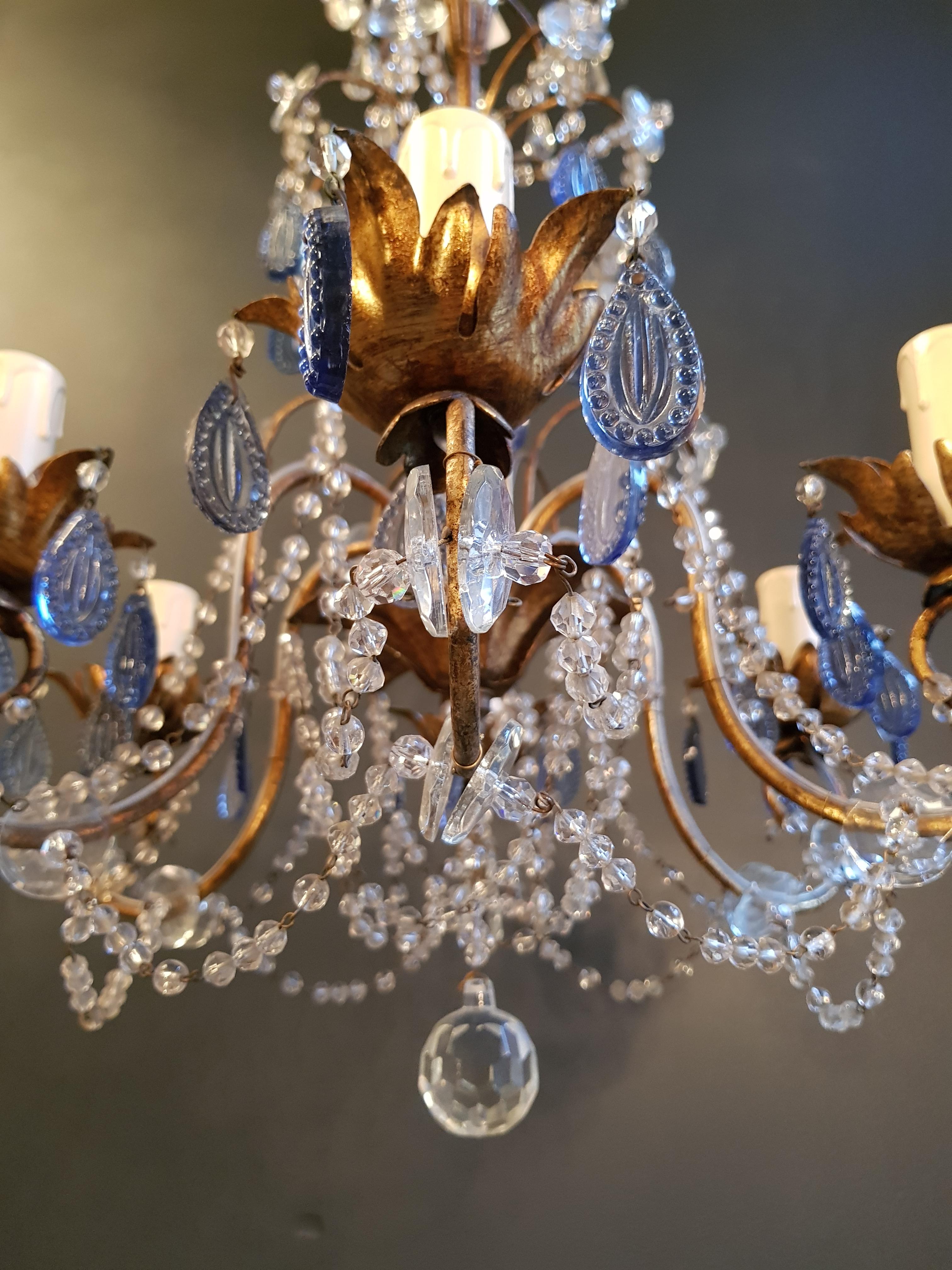 Art Deco Fine Beaded Blue Crystal Chandelier Antique Ceiling Lamp Lustre Art Nouveau