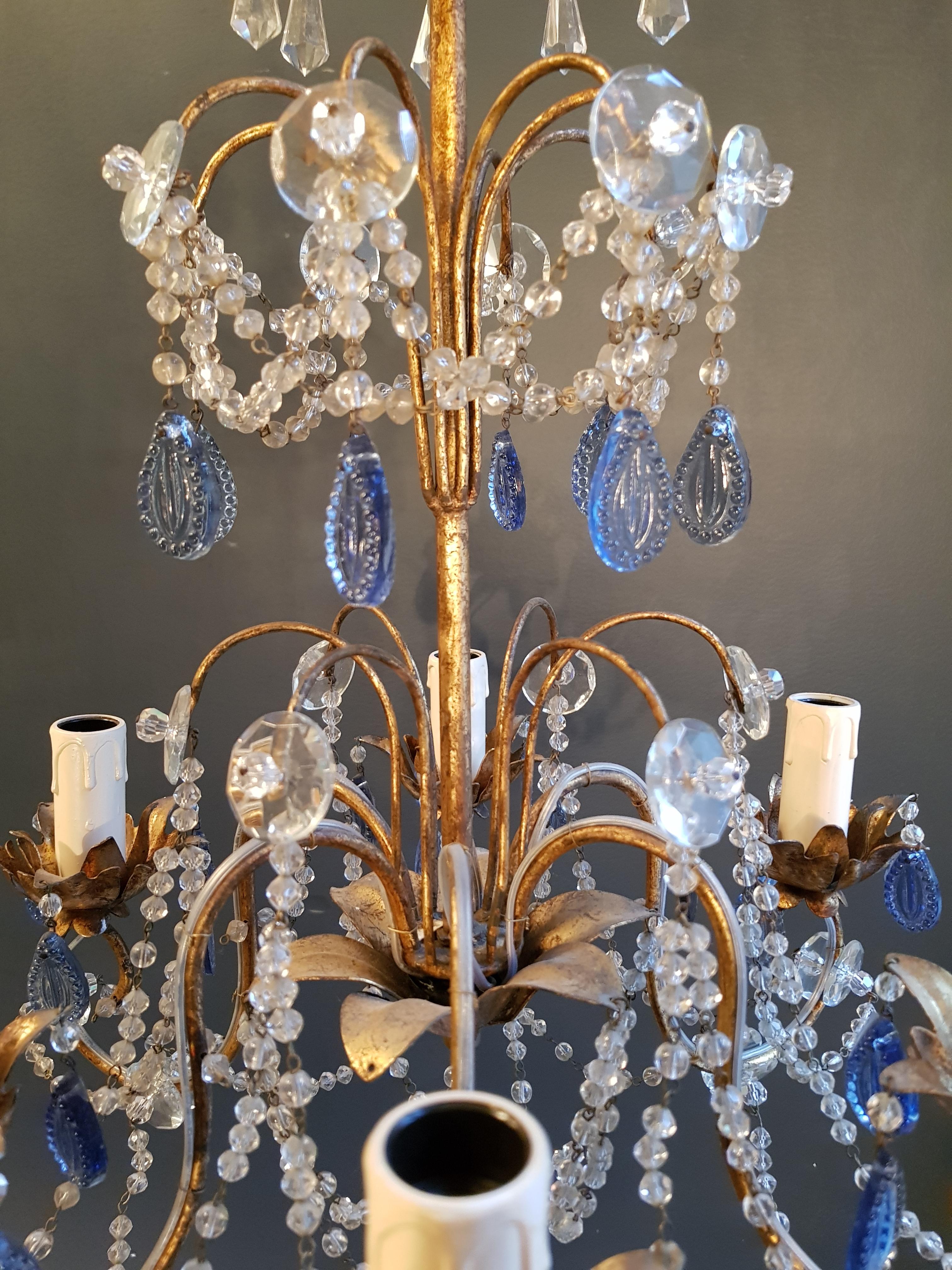 European Fine Beaded Blue Crystal Chandelier Antique Ceiling Lamp Lustre Art Nouveau
