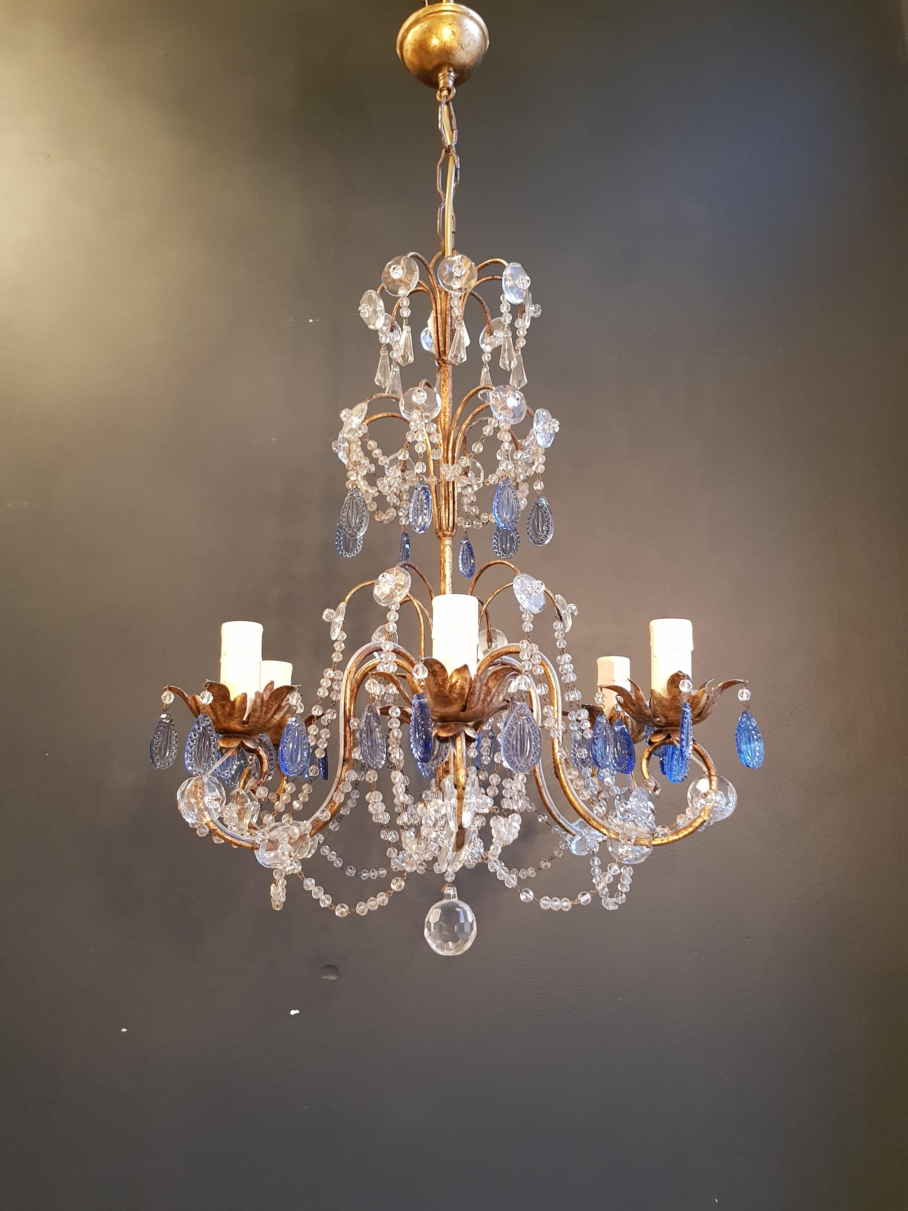 Fine Beaded Blue Crystal Chandelier Antique Ceiling Lamp Lustre Art Nouveau In Good Condition In Berlin, DE