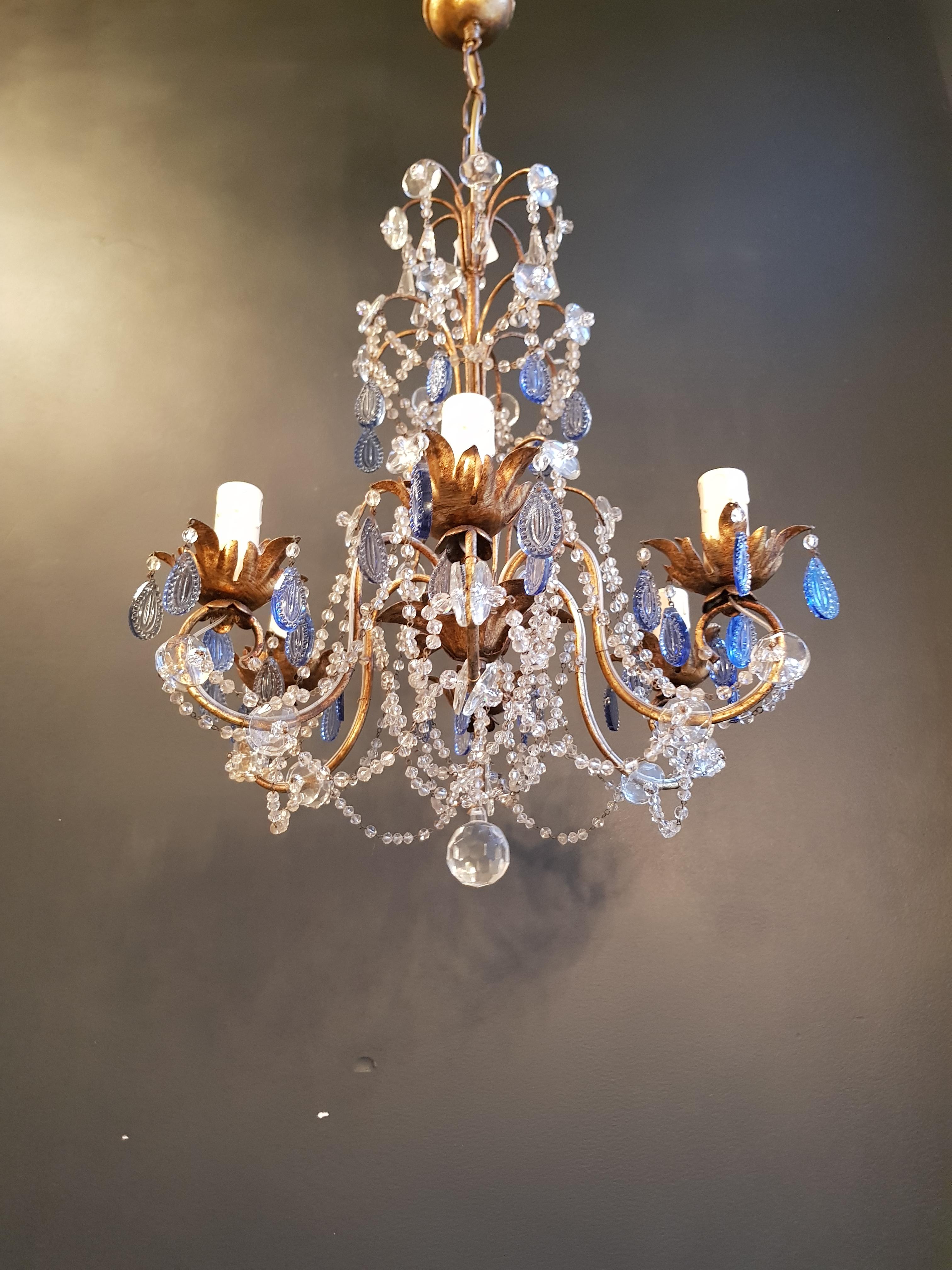 Mid-20th Century Fine Beaded Blue Crystal Chandelier Antique Ceiling Lamp Lustre Art Nouveau