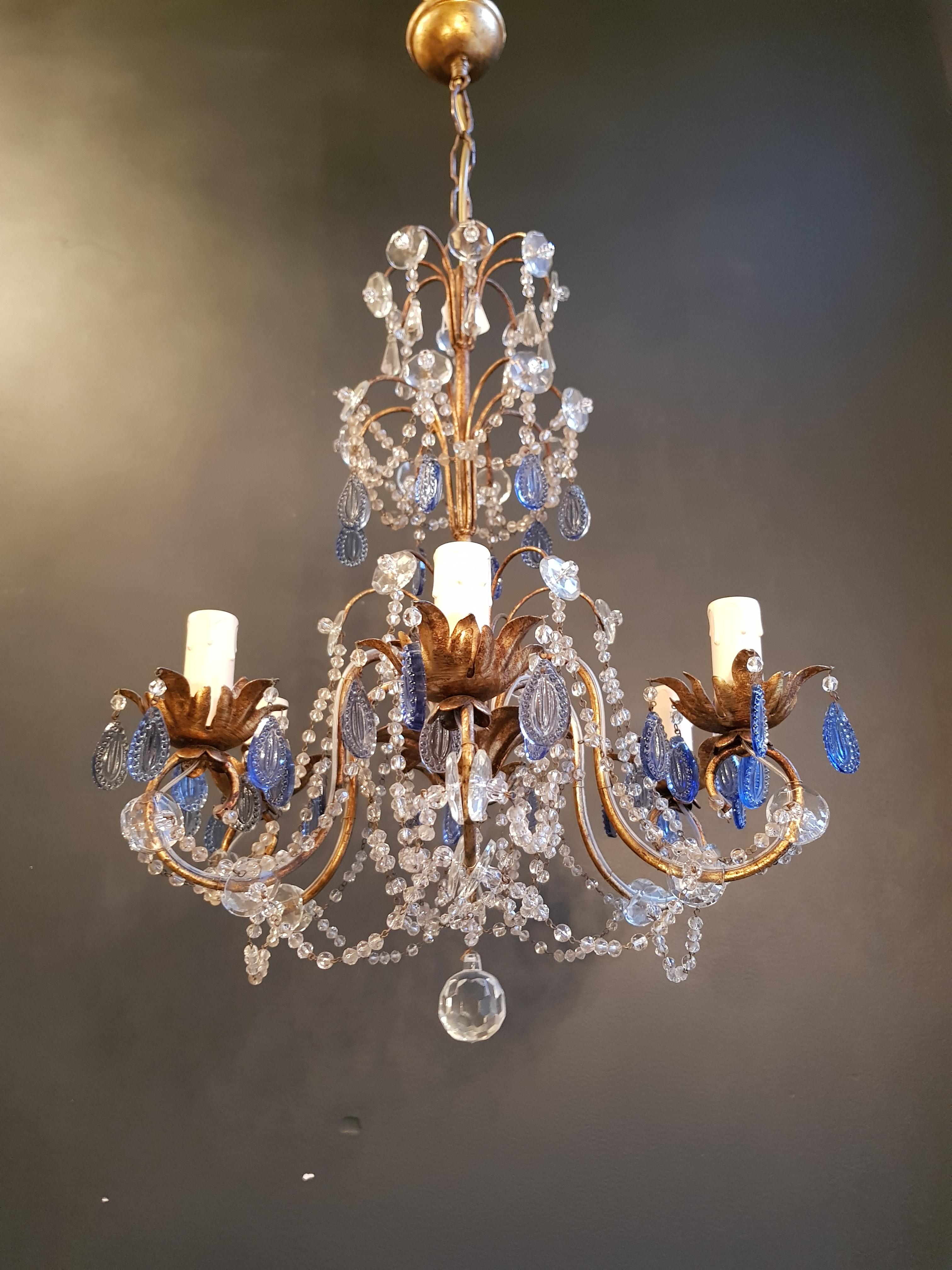 Fine Beaded Blue Crystal Chandelier Antique Ceiling Lamp Lustre Art Nouveau 1