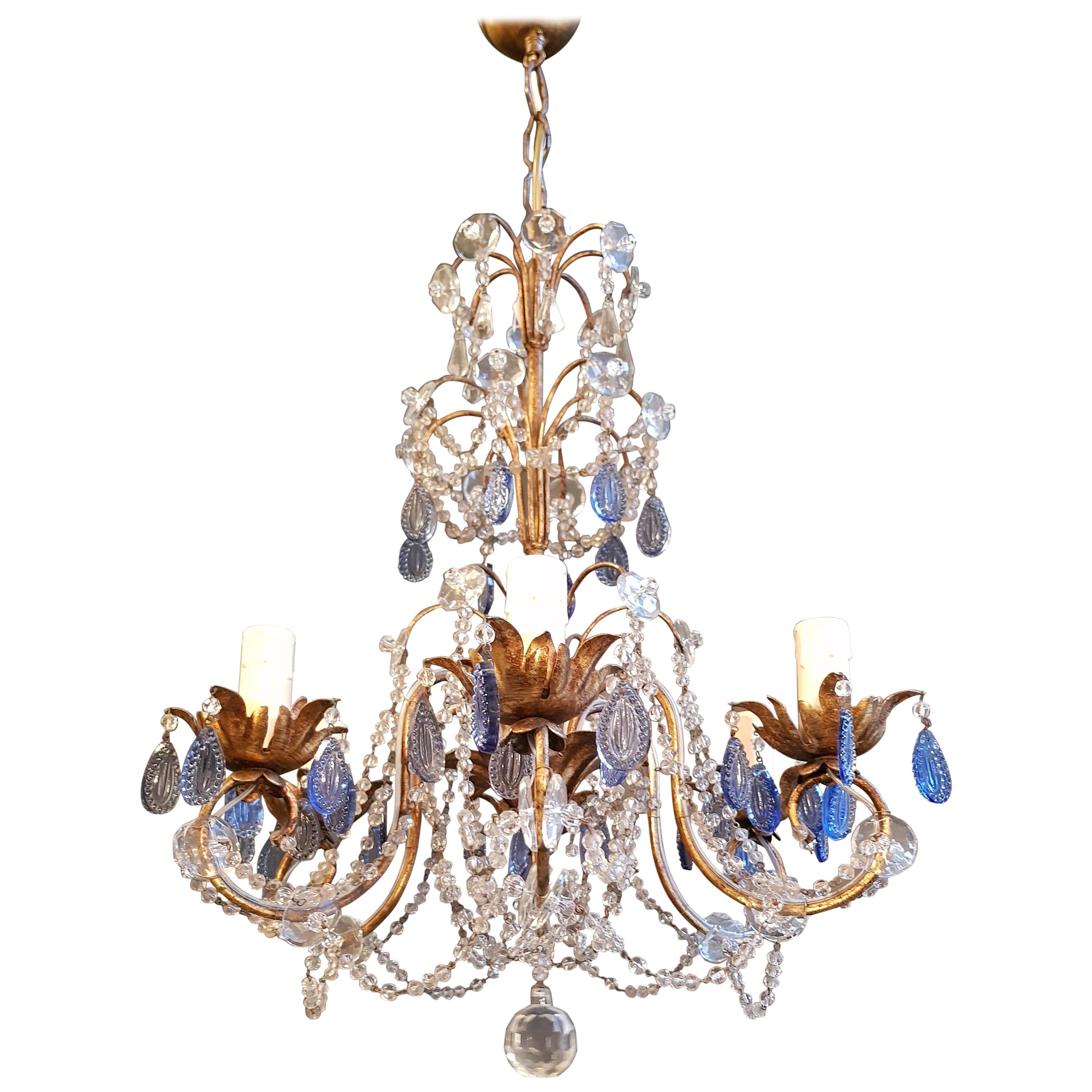 Fine Beaded Blue Crystal Chandelier Antique Ceiling Lamp Lustre Art Nouveau