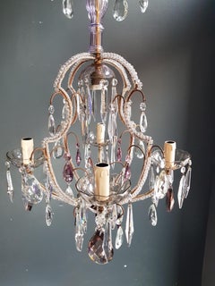 Antike Deckenleuchte aus Kristall mit Perlenkäfig in Violett, Art Deco, Lustre