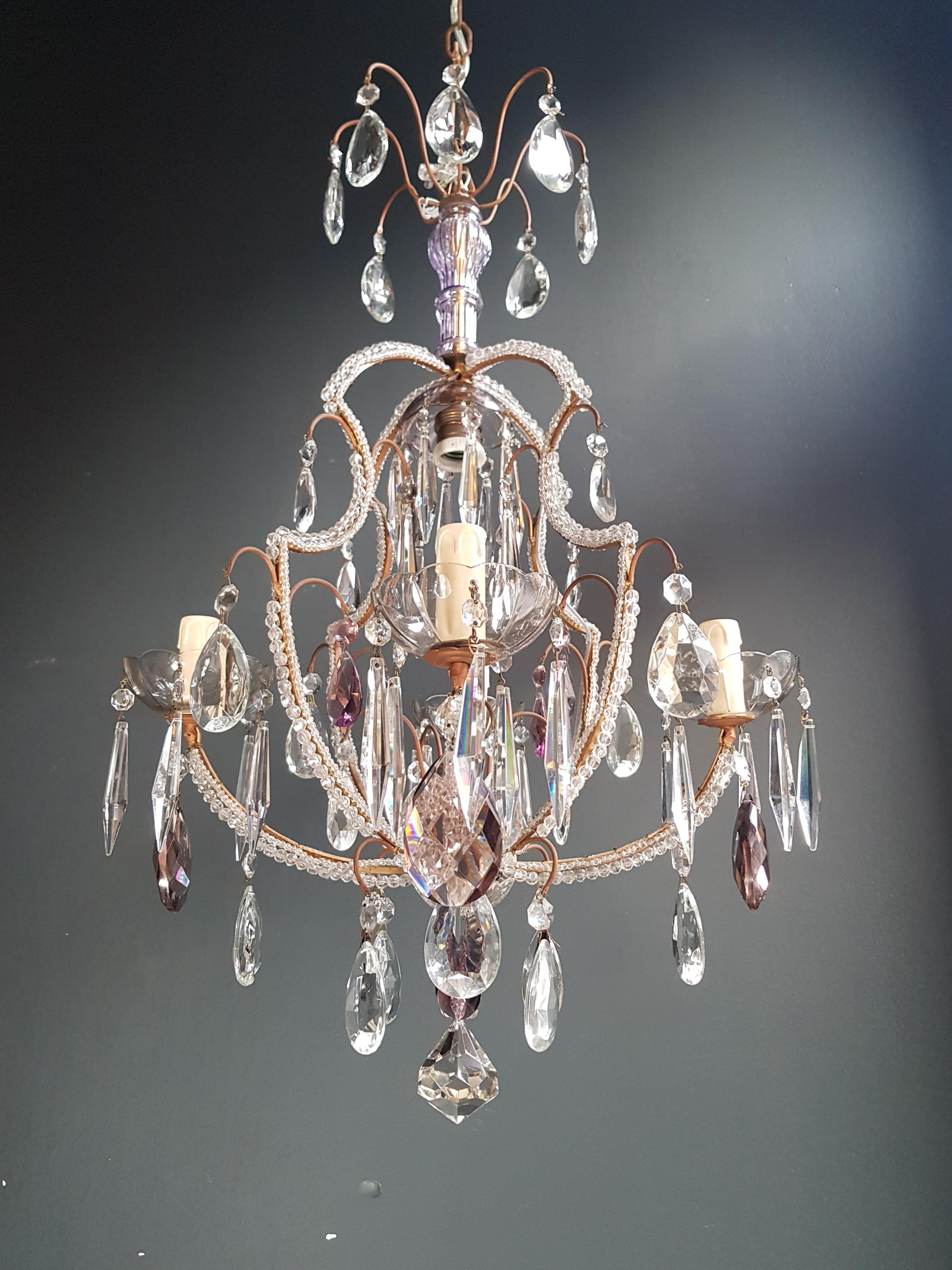 Mid-20th Century Fine Beaded Cage Purple Crystal Chandelier Antique Ceiling Lamp Lustre Art Deco