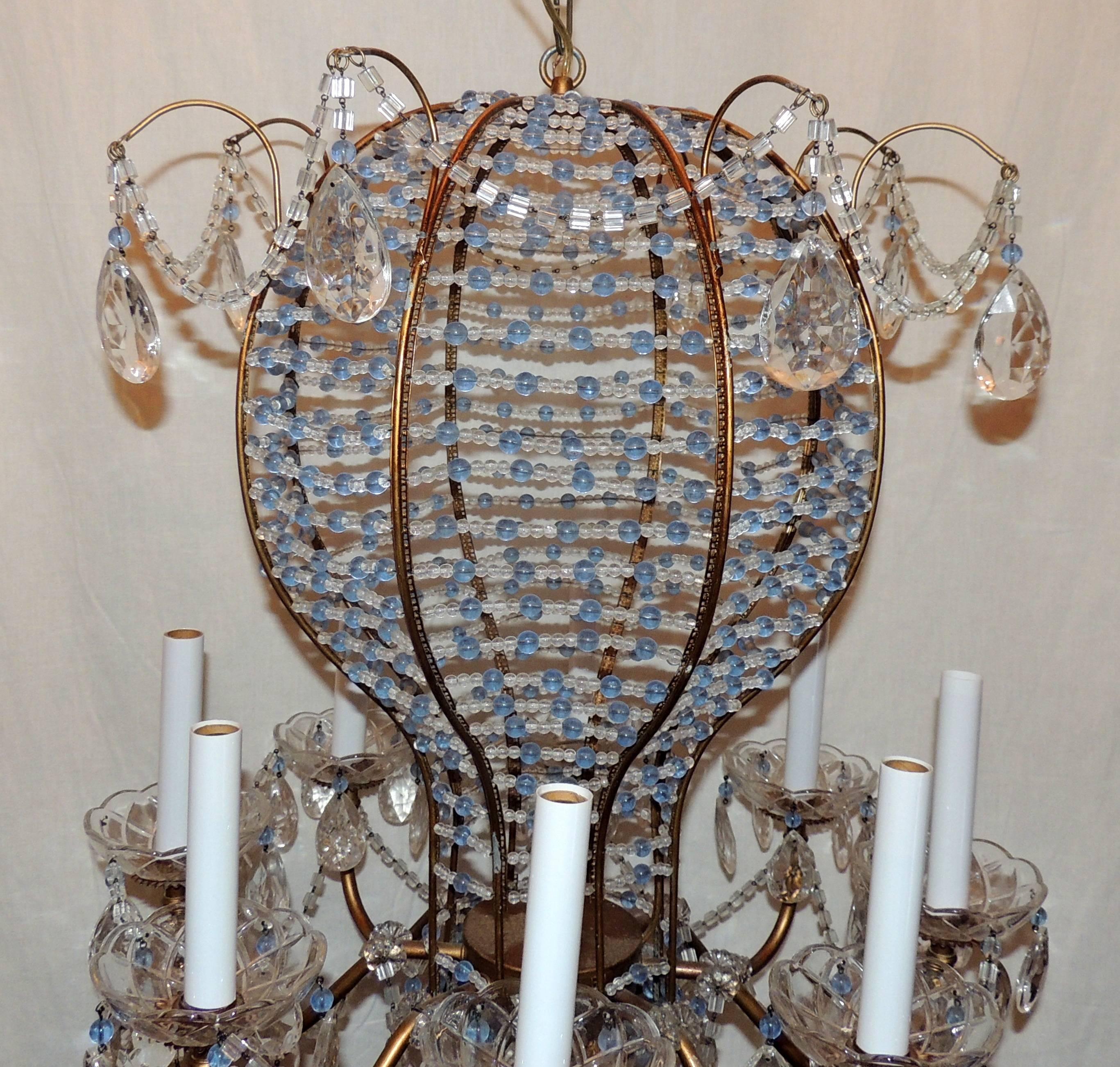A fine beaded Italian baby blue and clear crystal hot air balloon chandelier eight-light fixture.
 