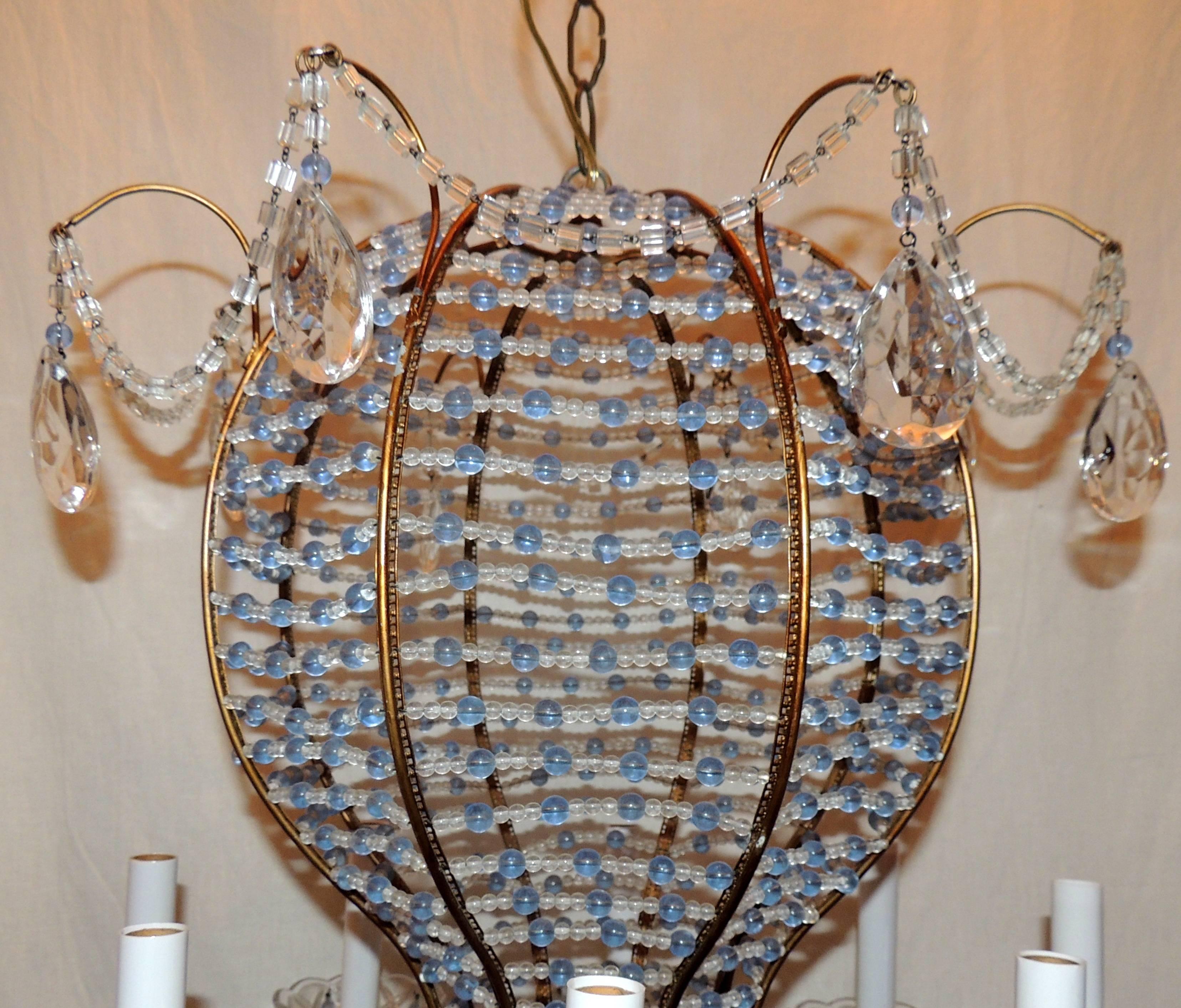 Fine Beaded Italian Baby Blue Crystal Hot Air Balloon Chandelier Fixture Pendent In Good Condition For Sale In Roslyn, NY