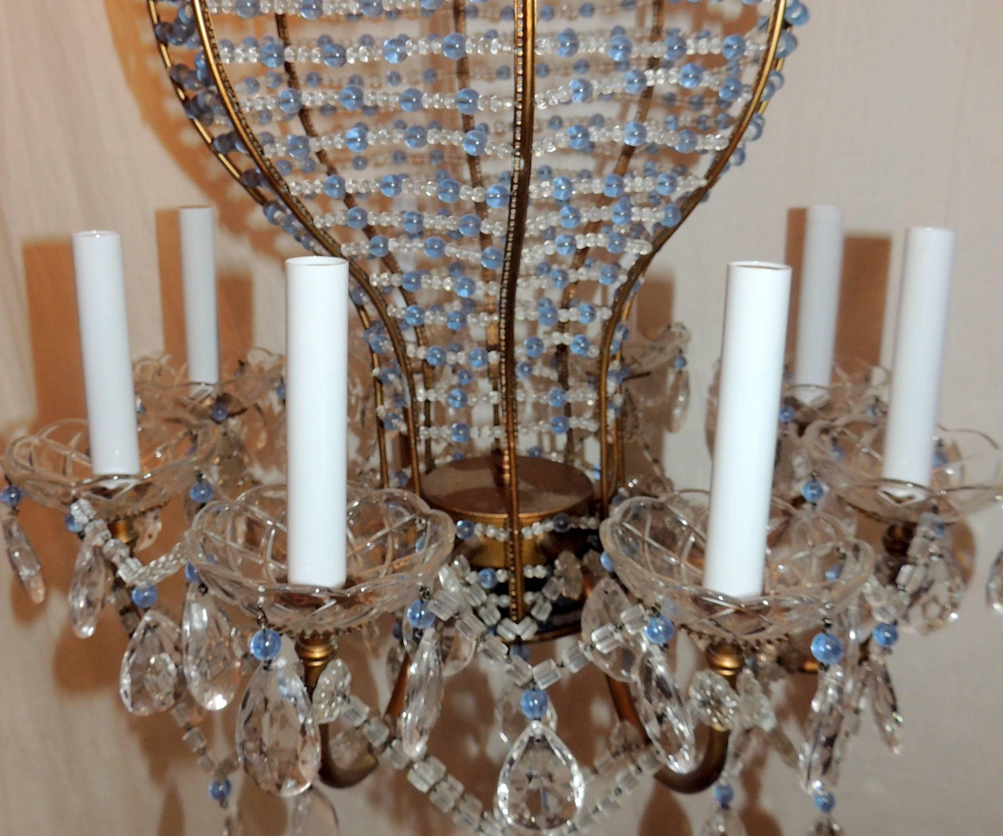 Mid-20th Century Fine Beaded Italian Baby Blue Crystal Hot Air Balloon Chandelier Fixture Pendent For Sale