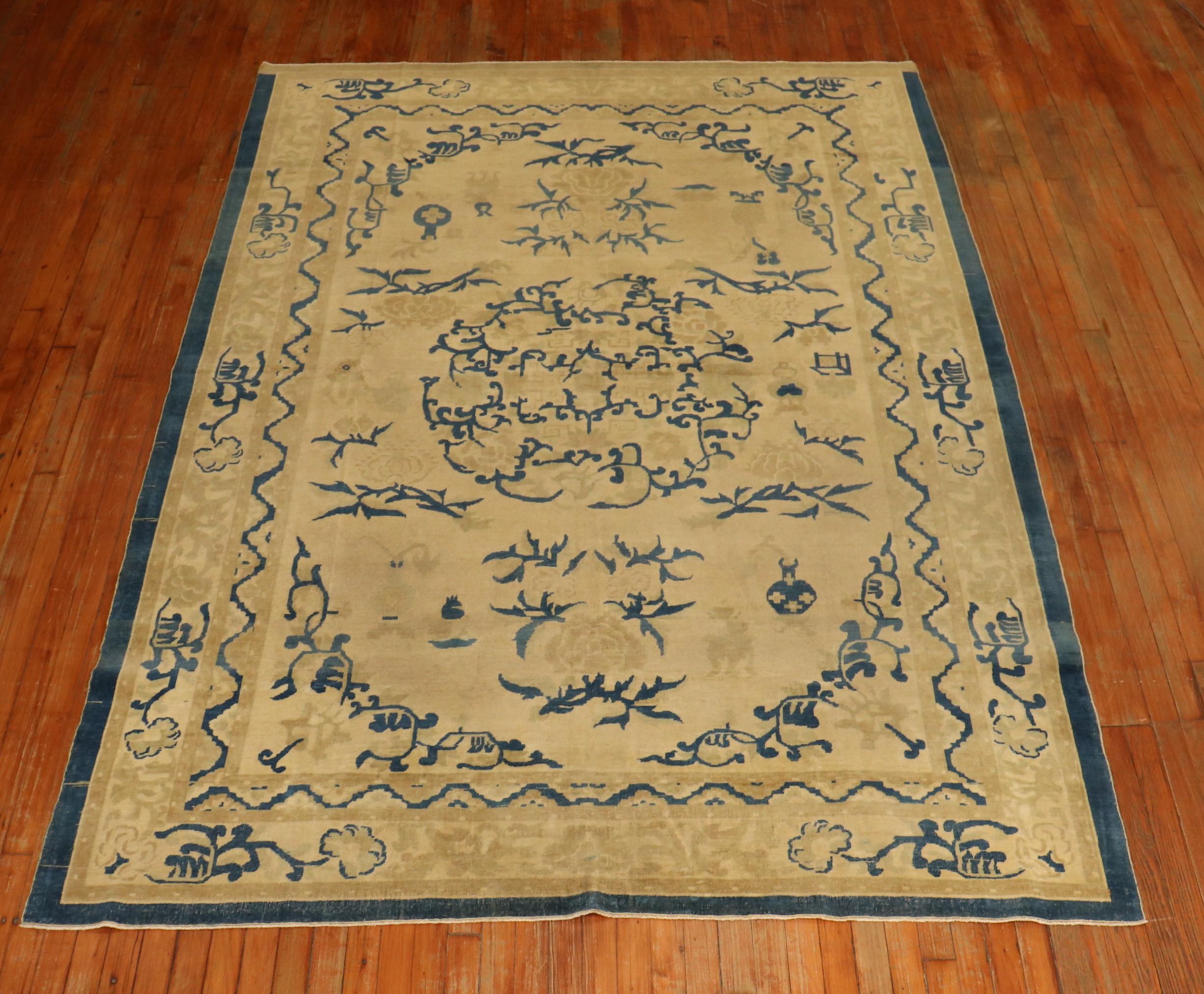 Fine Beige Blue Antique Indo-Chinese Rug For Sale 4