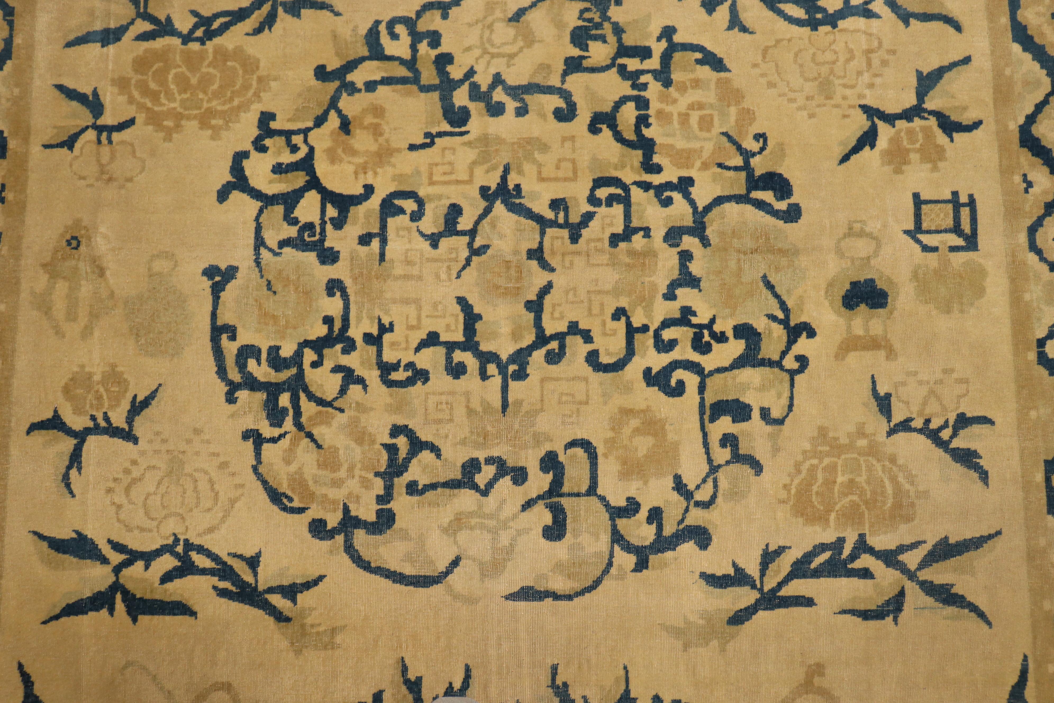 Fine Beige Blue Antique Indo-Chinese Rug For Sale 1