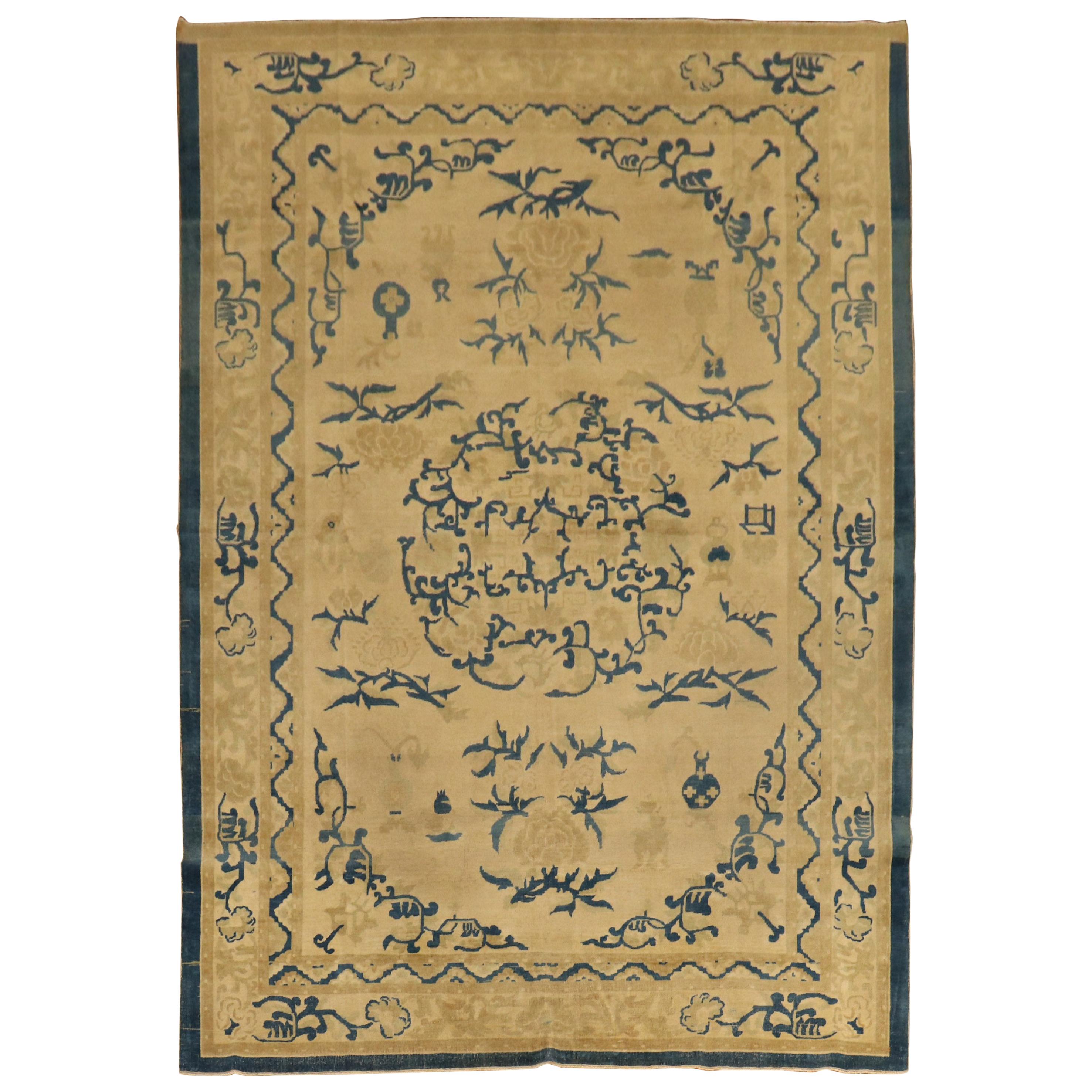 Fina Alfombra Indochina Antigua Beige Azul