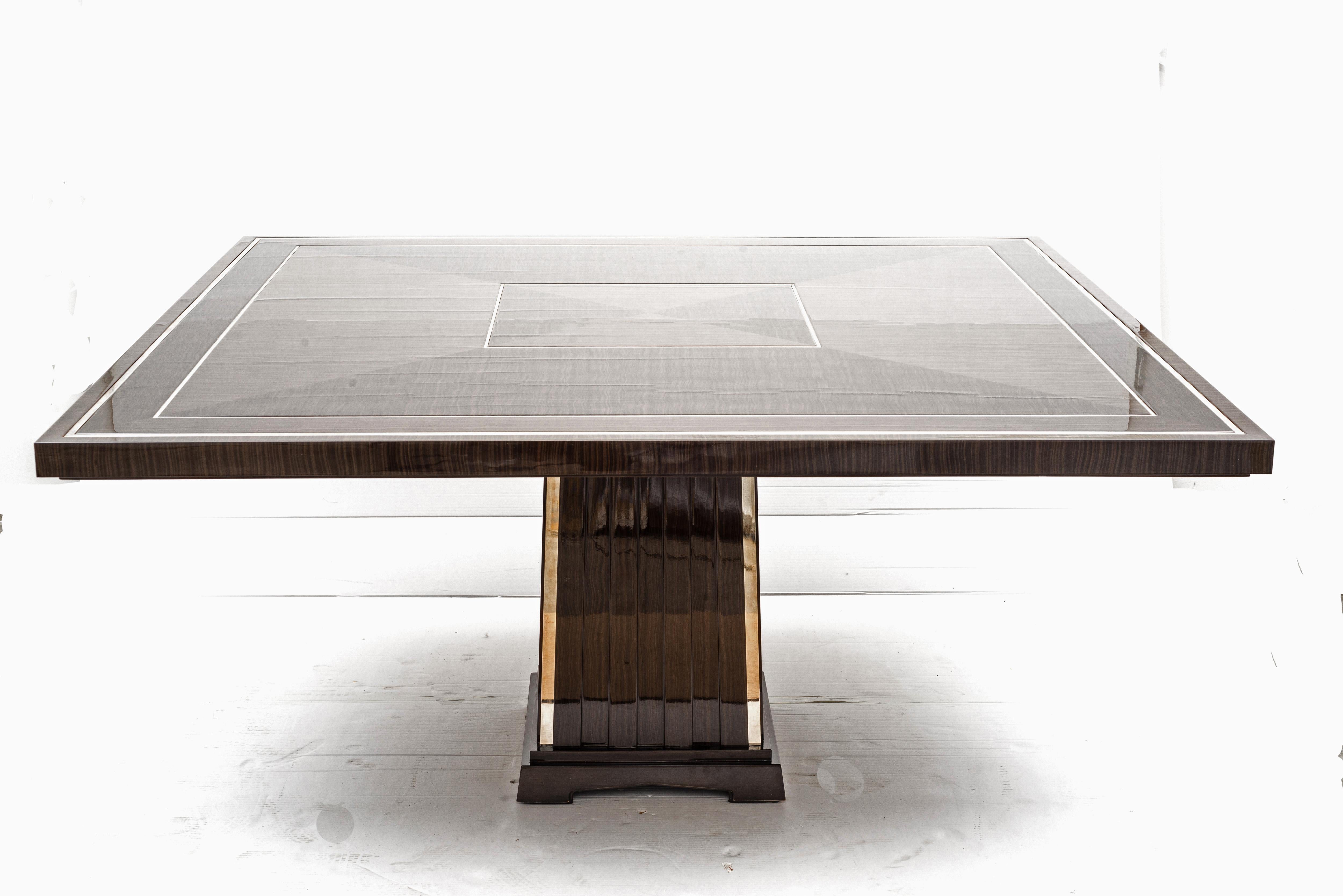 Fine Bespoke Dining Room Table, Veneer Wood Top and Base with Chrome Inserts For Sale 5